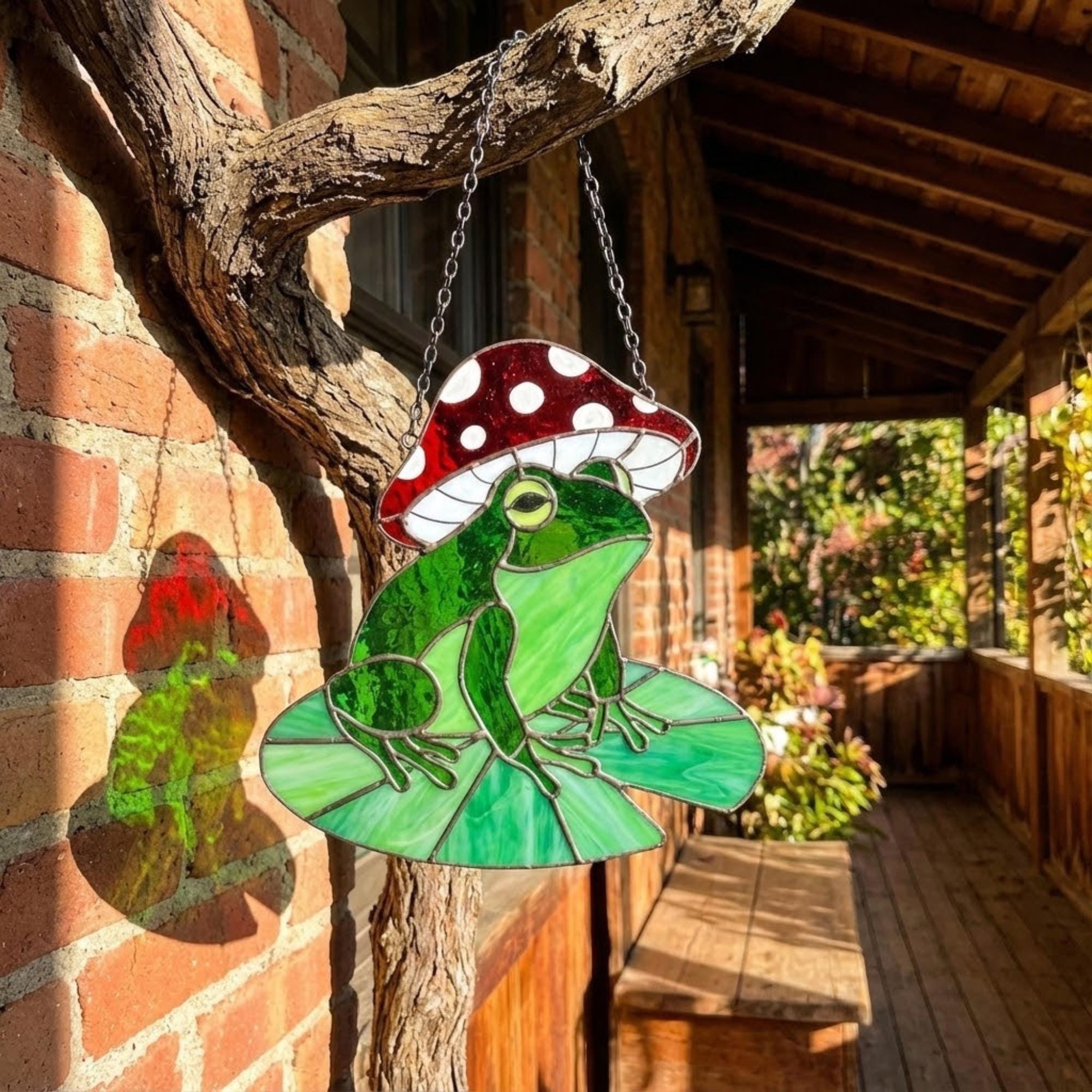 Stained Glass Frog Suncatcher | Mushroom Hat Decor | Goblincore Aesthetic | Cute Toad on Lily Pad | Plant Lover Gift for Her