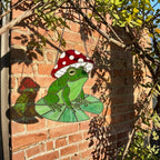 Stained Glass Frog Suncatcher | Mushroom Hat Decor | Goblincore Aesthetic | Cute Toad on Lily Pad | Plant Lover Gift for Her