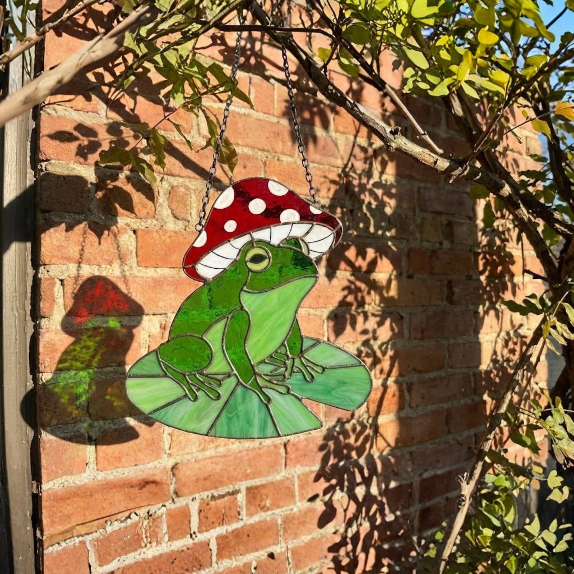 Stained Glass Frog Suncatcher | Mushroom Hat Decor | Goblincore Aesthetic | Cute Toad on Lily Pad | Plant Lover Gift for Her