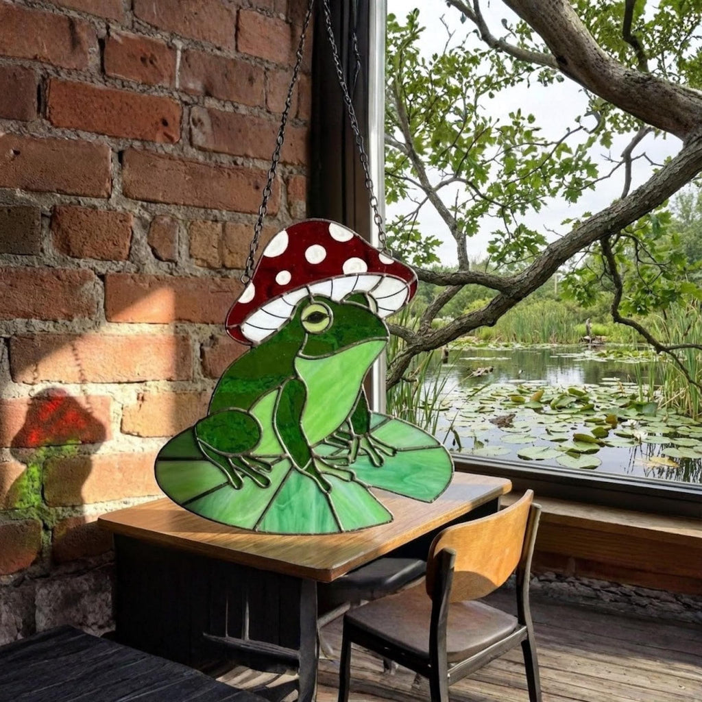 Stained Glass Frog Suncatcher | Mushroom Hat Decor | Goblincore Aesthetic | Cute Toad on Lily Pad | Plant Lover Gift for Her