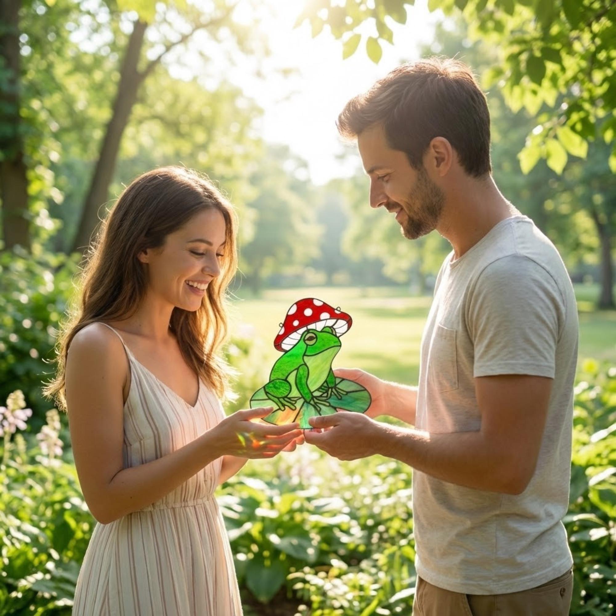 Stained Glass Frog Suncatcher | Mushroom Hat Decor | Goblincore Aesthetic | Cute Toad on Lily Pad | Plant Lover Gift for Her