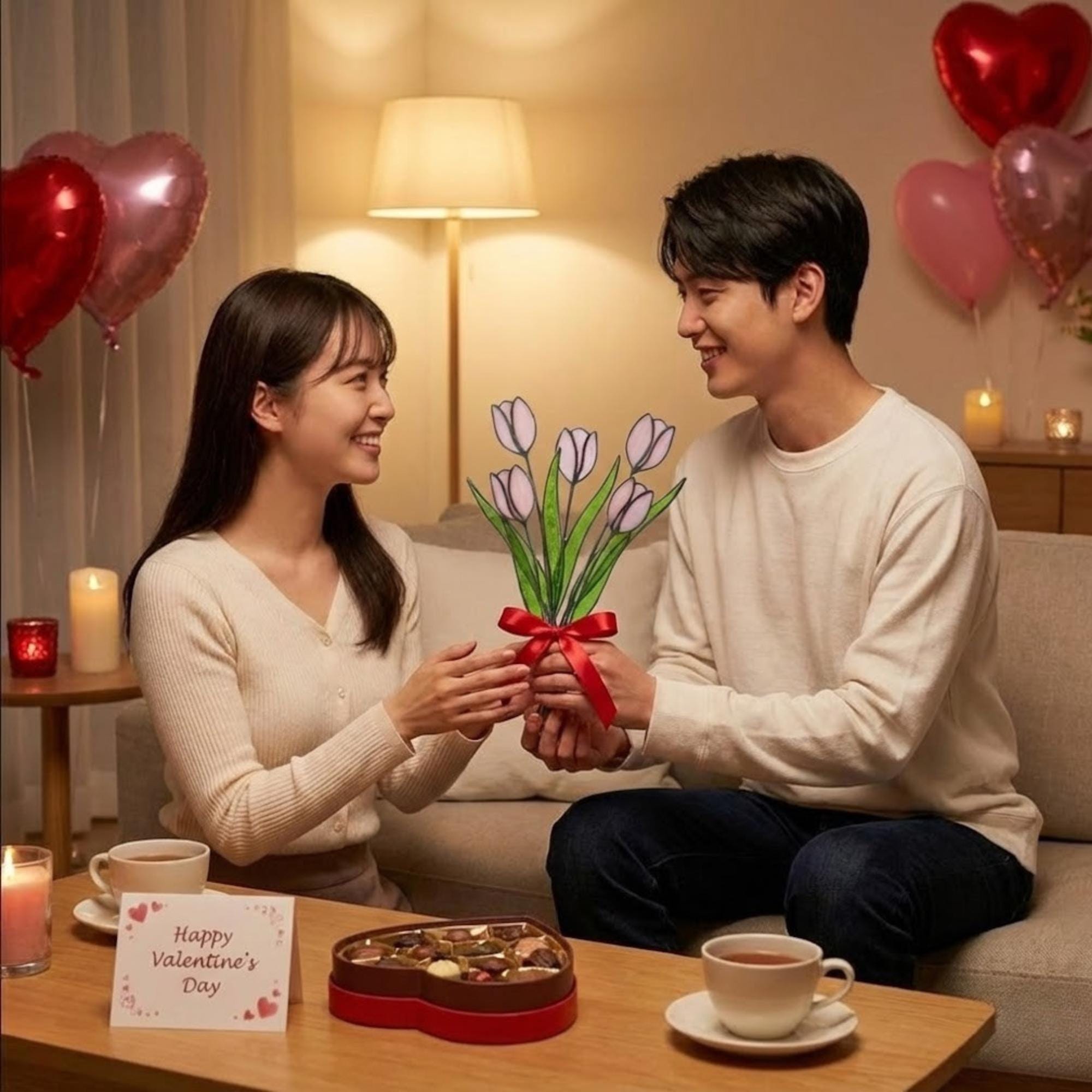 Pink stained glass tulip bouquet 3D flower stems held in hands as Mother's Day gift forever floral art casting colored shadows spring home decor handmade by LuzyGlassArt.