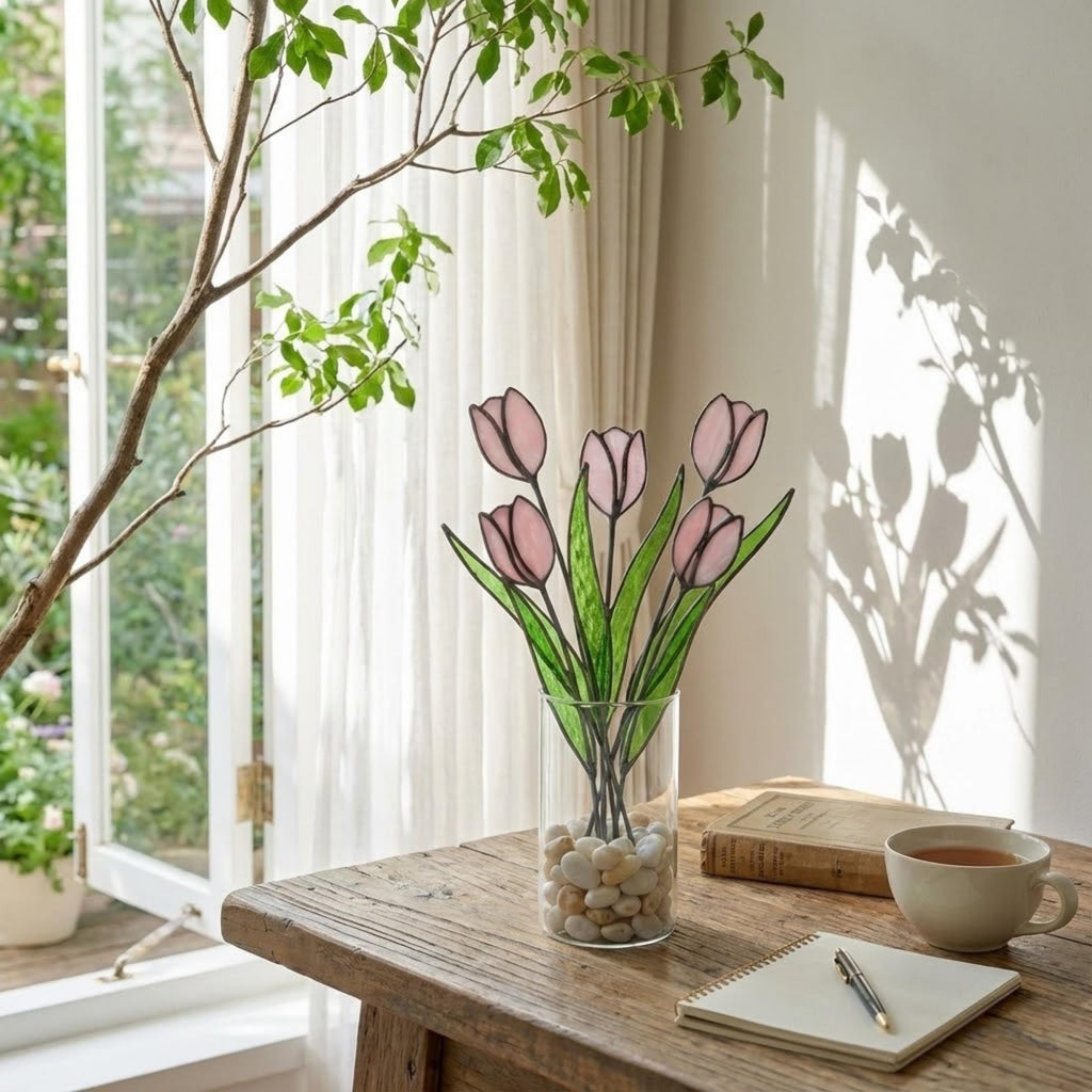 Pink stained glass tulip bouquet 3D flower stems held in hands as Mother's Day gift forever floral art casting colored shadows spring home decor handmade by LuzyGlassArt.