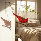 Stained glass Northern Cardinal red bird suncatcher hanging on window, handmade memorial sympathy gift for loss of loved one, Christmas holiday home decor by LuzyGlassArt.