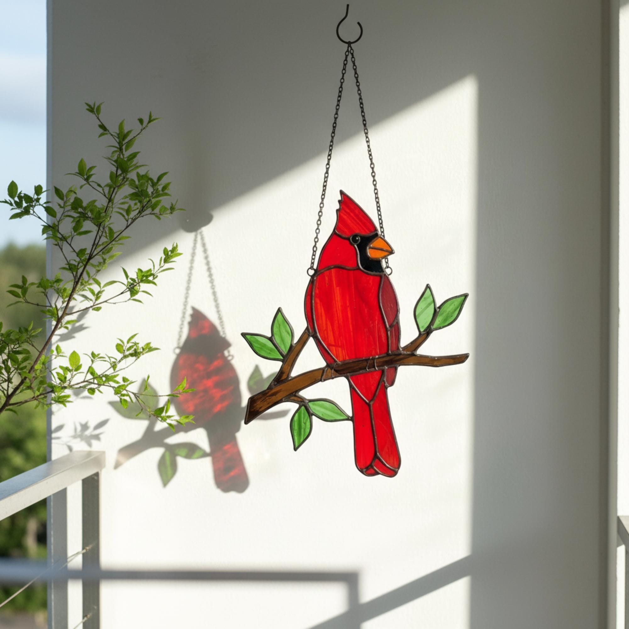 Stained glass Northern Cardinal red bird suncatcher hanging on window, handmade memorial sympathy gift for loss of loved one, Christmas holiday home decor by LuzyGlassArt.