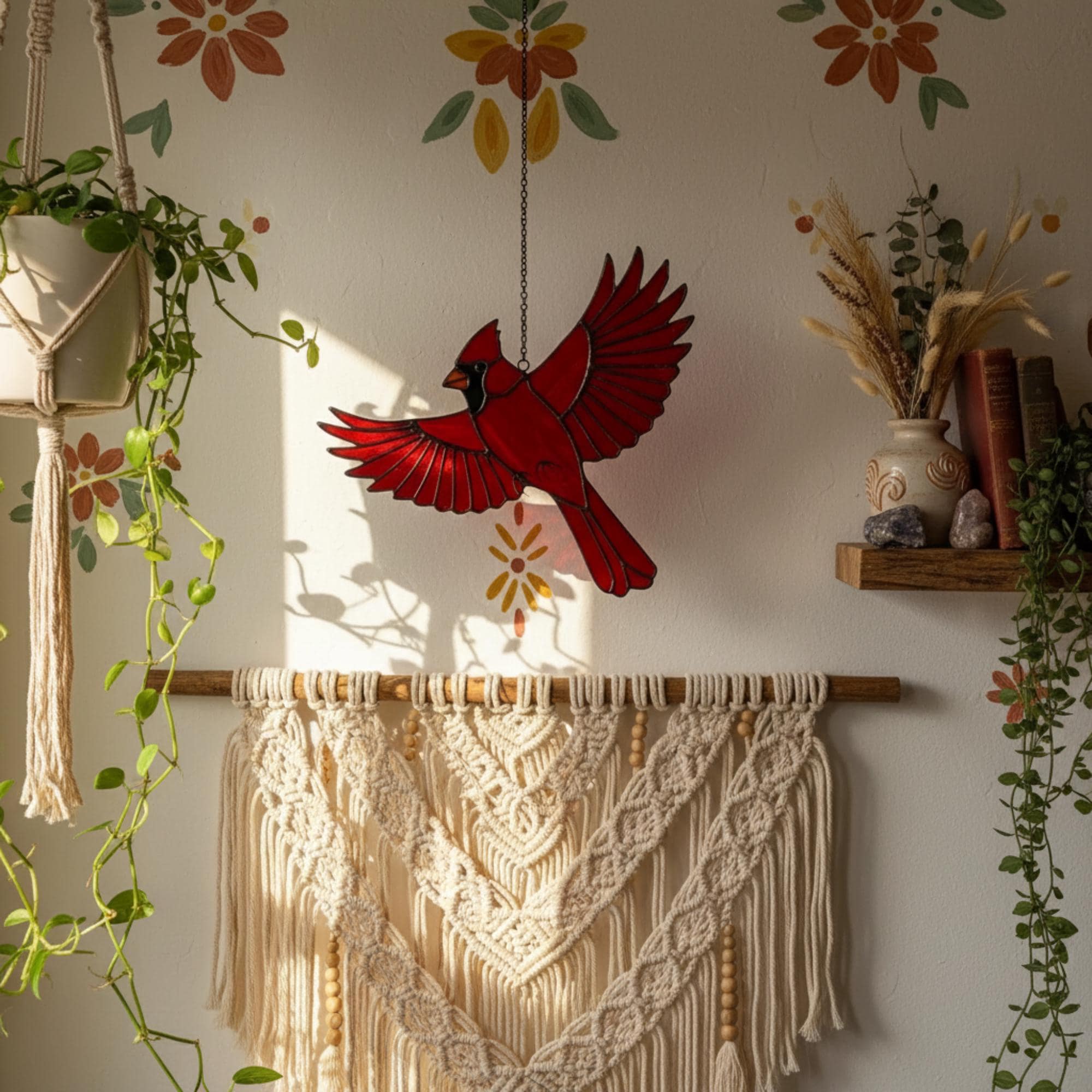 Stained glass Northern Cardinal red bird suncatcher hanging on window, handmade memorial sympathy gift for loss of loved one, Christmas holiday home decor by LuzyGlassArt.
