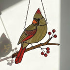 Stained glass Northern Cardinal red bird suncatcher hanging on window, handmade memorial sympathy gift for loss of loved one, Christmas holiday home decor by LuzyGlassArt.