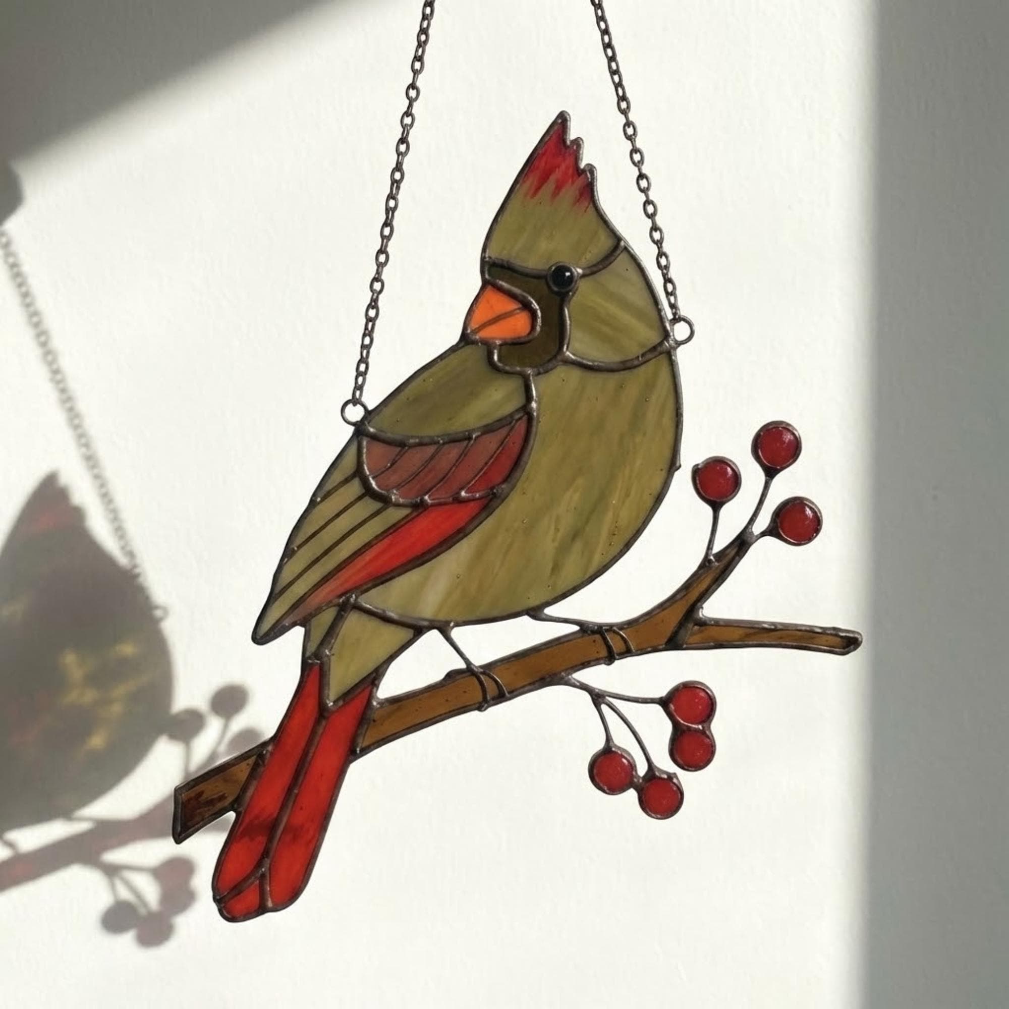 Stained glass Northern Cardinal red bird suncatcher hanging on window, handmade memorial sympathy gift for loss of loved one, Christmas holiday home decor by LuzyGlassArt.