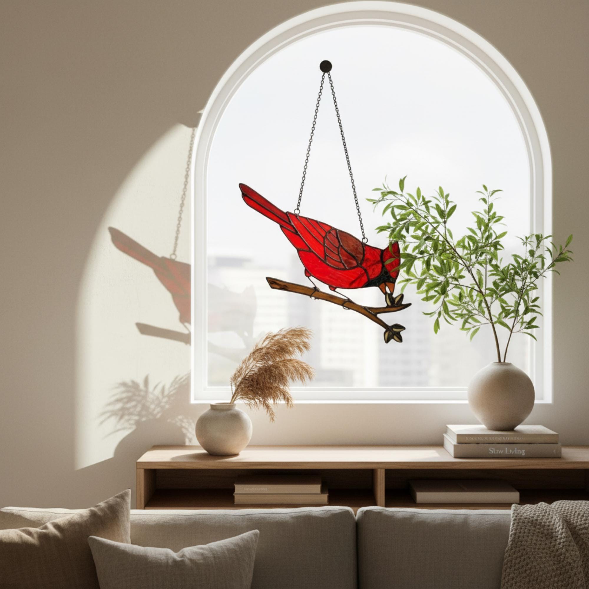 Stained glass Northern Cardinal red bird suncatcher hanging on window, handmade memorial sympathy gift for loss of loved one, Christmas holiday home decor by LuzyGlassArt.