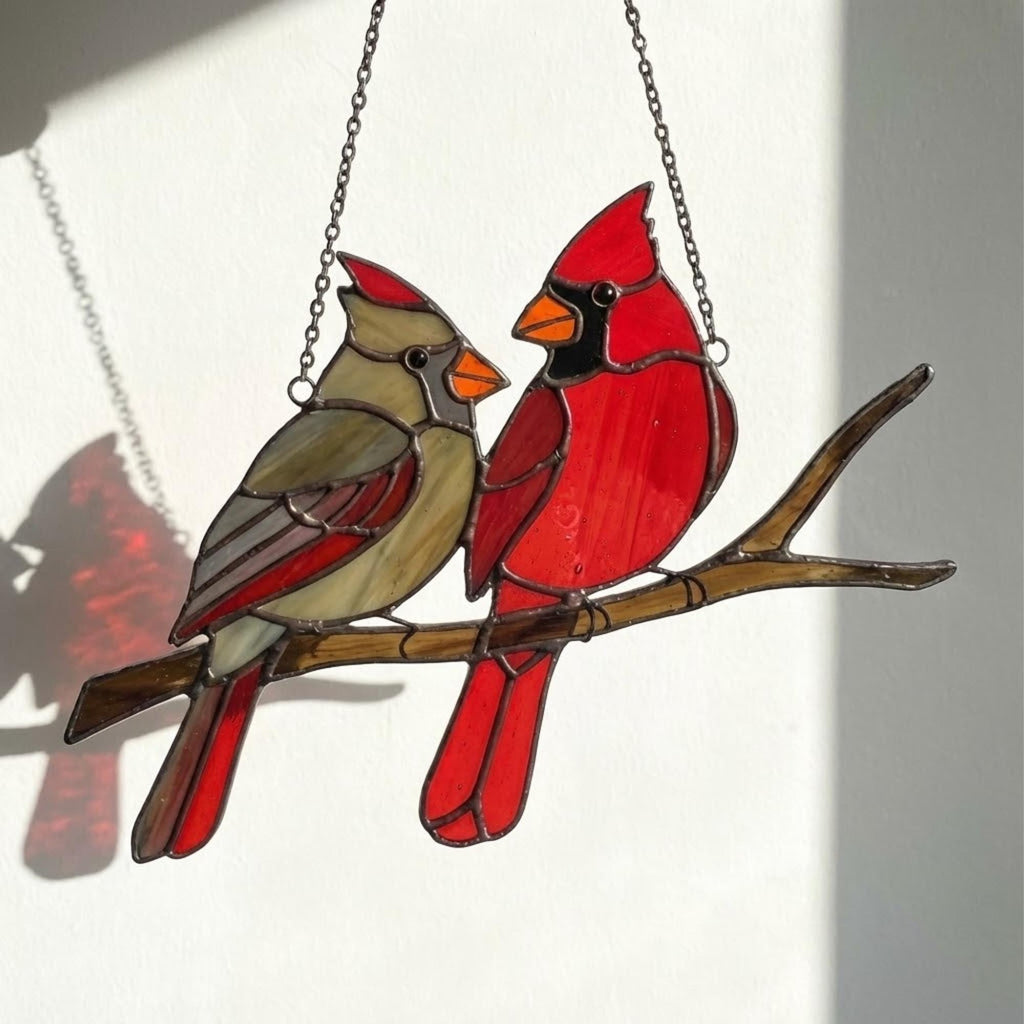 Stained glass Northern Cardinal red bird suncatcher hanging on window, handmade memorial sympathy gift for loss of loved one, Christmas holiday home decor by LuzyGlassArt.