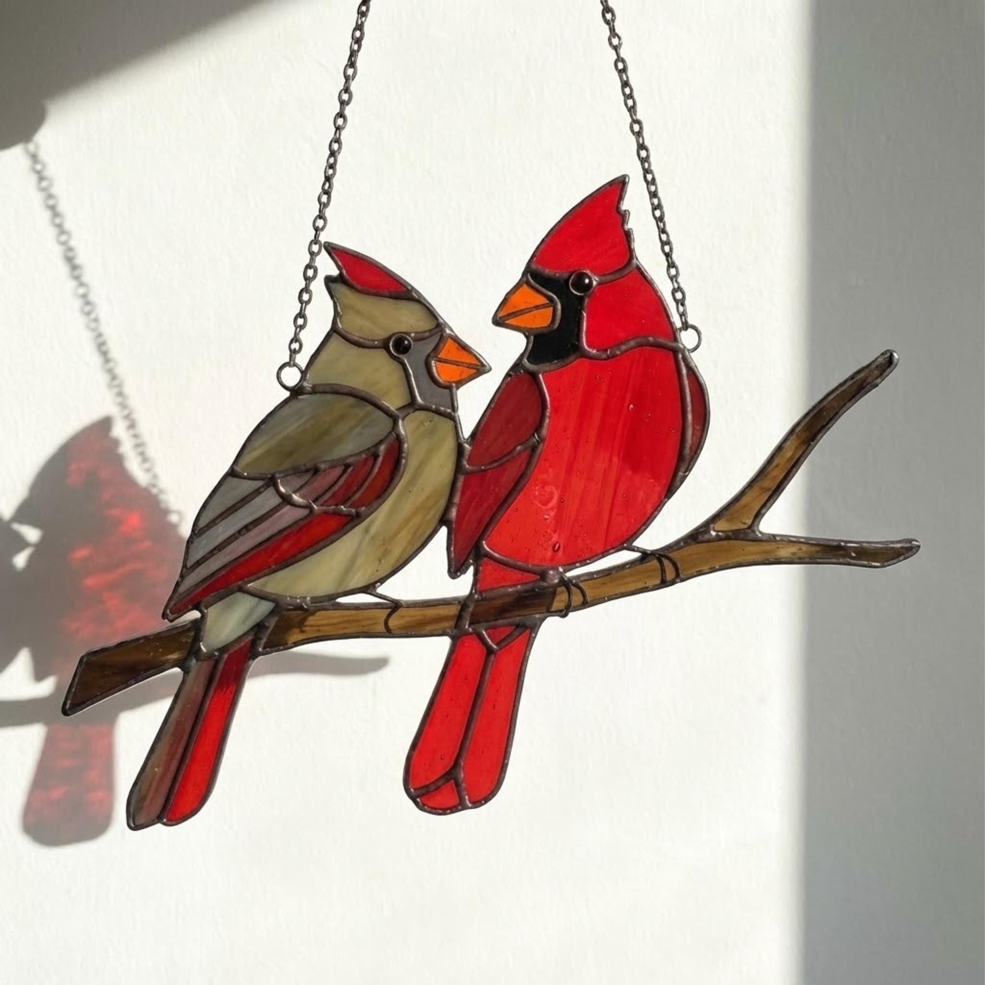 Stained glass Northern Cardinal red bird suncatcher hanging on window, handmade memorial sympathy gift for loss of loved one, Christmas holiday home decor by LuzyGlassArt.