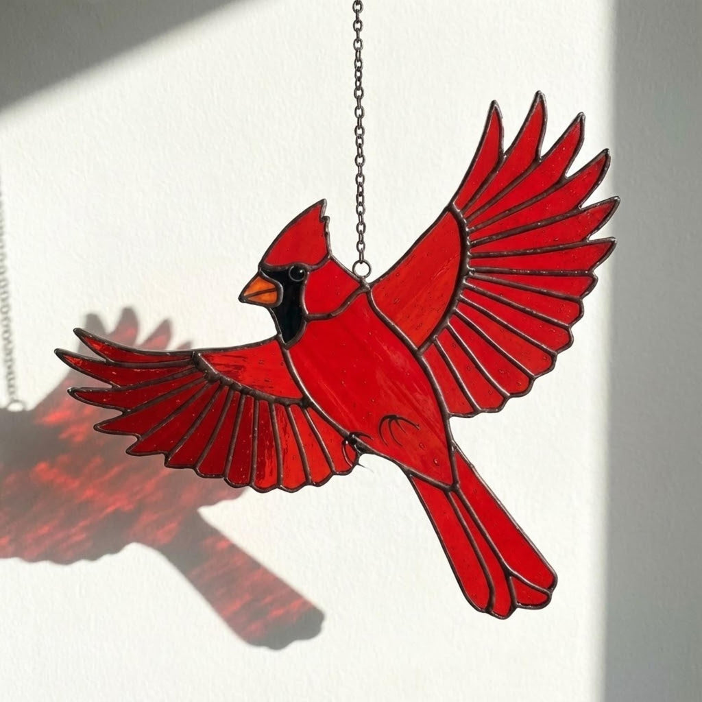 Stained glass Northern Cardinal red bird suncatcher hanging on window, handmade memorial sympathy gift for loss of loved one, Christmas holiday home decor by LuzyGlassArt.