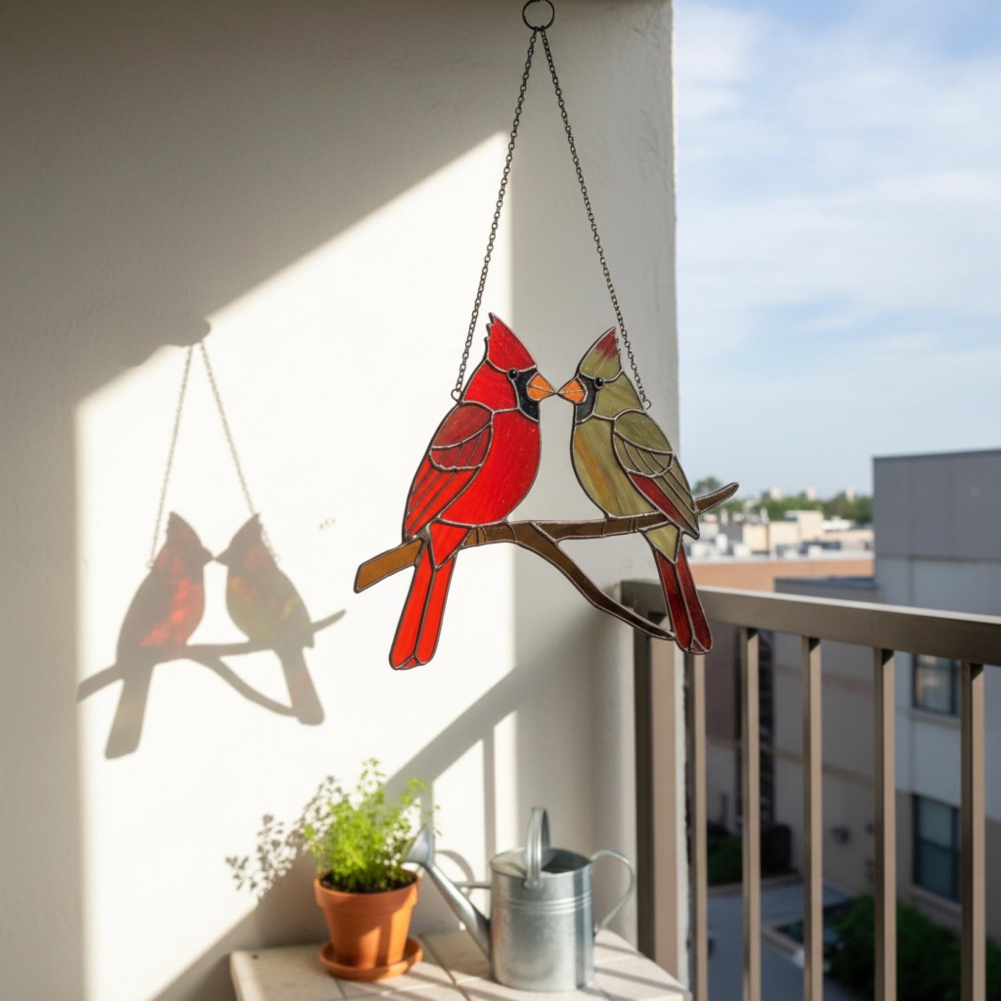 Stained glass Northern Cardinal red bird suncatcher hanging on window, handmade memorial sympathy gift for loss of loved one, Christmas holiday home decor by LuzyGlassArt.