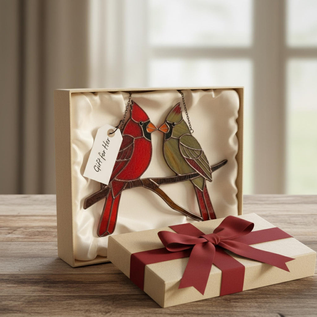 Stained glass Northern Cardinal red bird suncatcher hanging on window, handmade memorial sympathy gift for loss of loved one, Christmas holiday home decor by LuzyGlassArt.