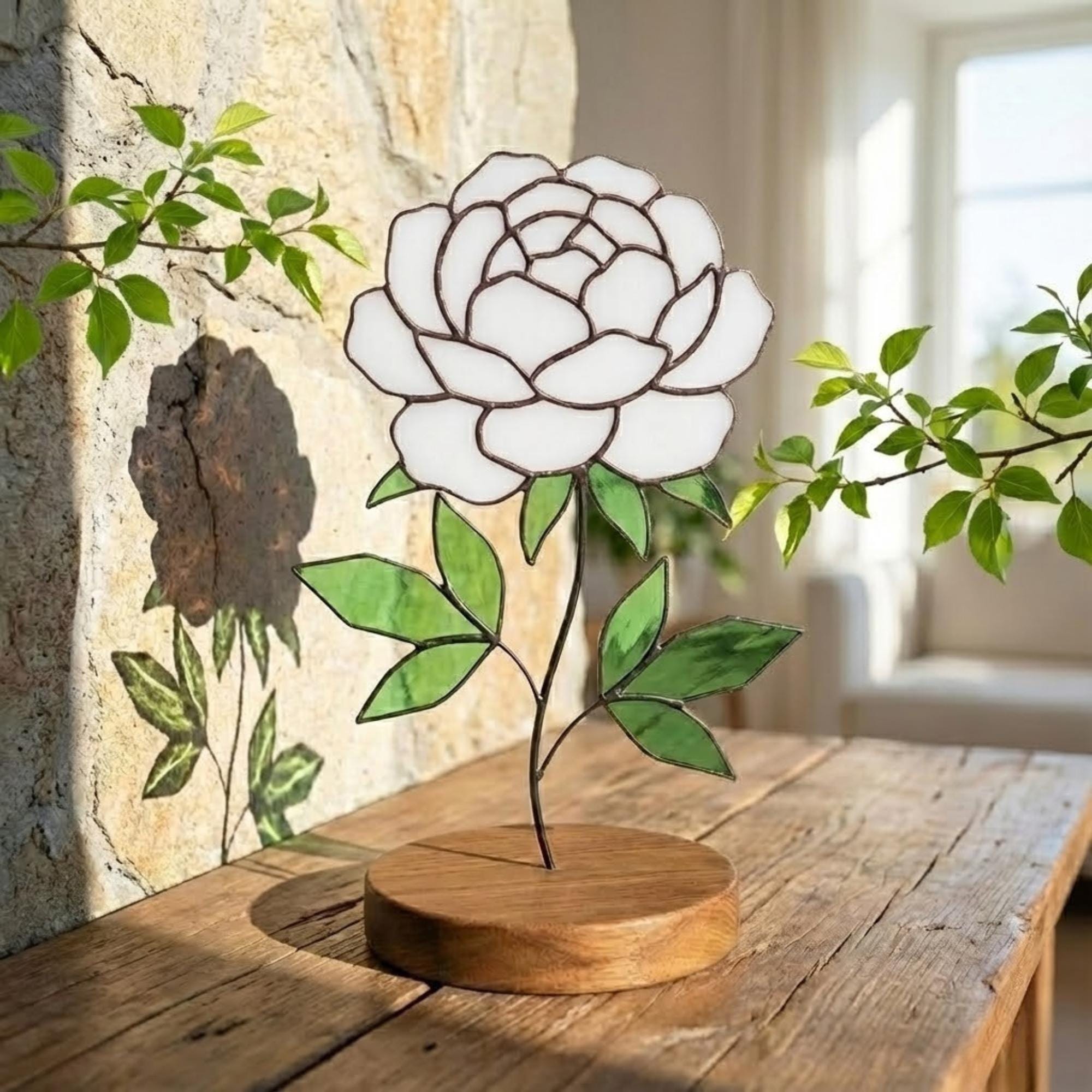 Stained Glass Peony Flower, 3D Standing Art on Wood Base, Forever Floral Gift for Mom, Glass Anniversary, Cottagecore Decor, Valentine Gift