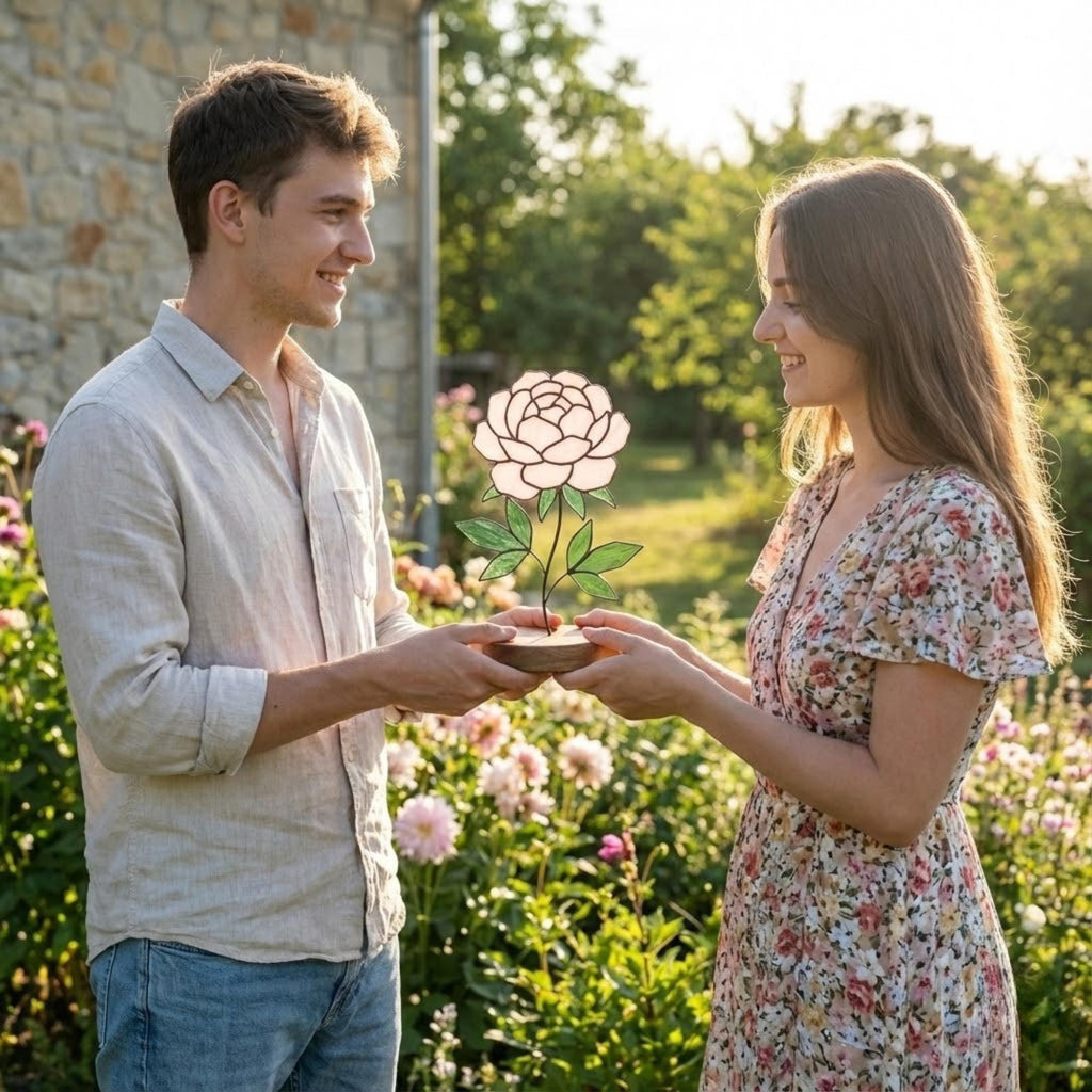 Stained Glass Peony Flower, 3D Standing Art on Wood Base, Forever Floral Gift for Mom, Glass Anniversary, Cottagecore Decor, Valentine Gift