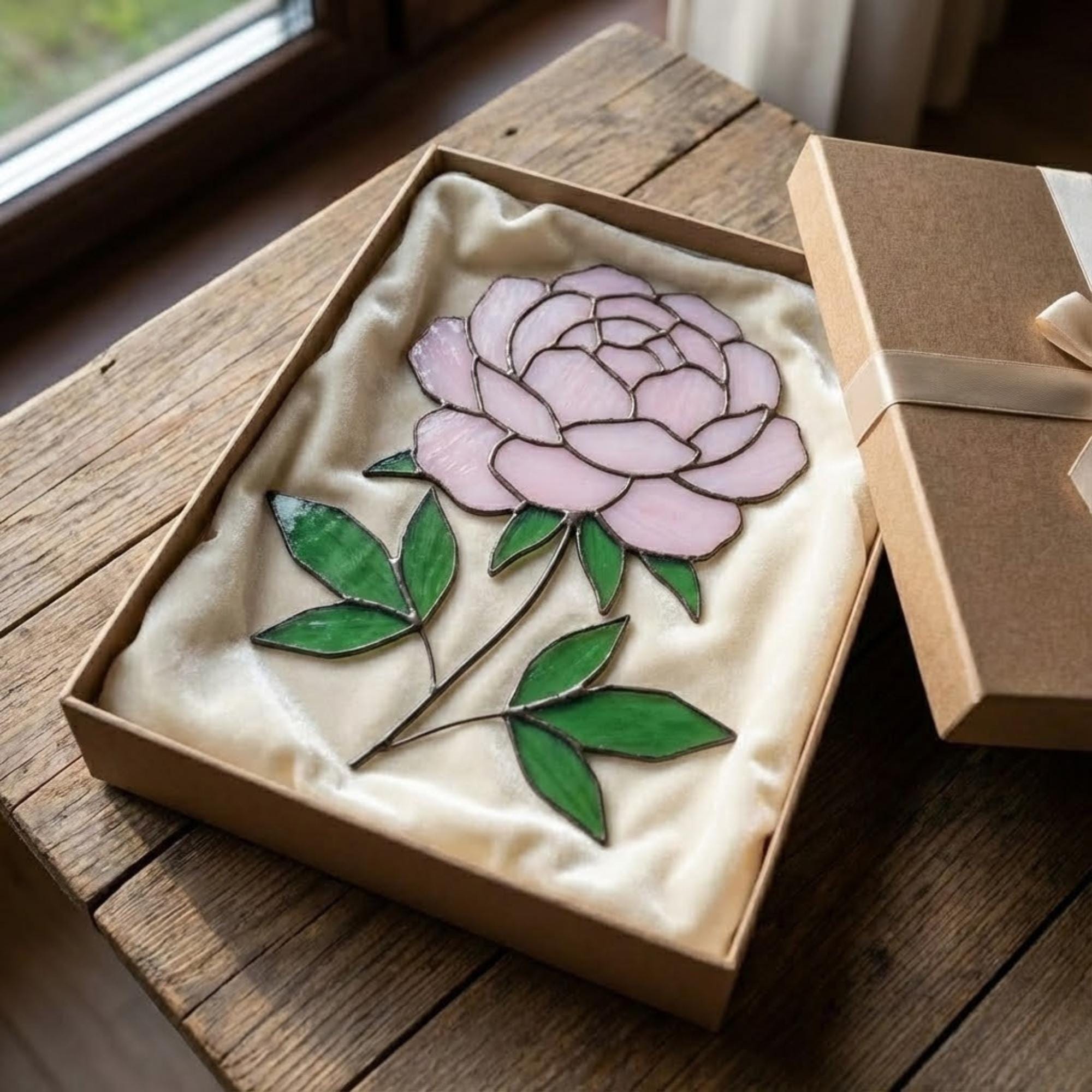 Stained Glass Peony Flower, 3D Standing Art on Wood Base, Forever Floral Gift for Mom, Glass Anniversary, Cottagecore Decor, Valentine Gift