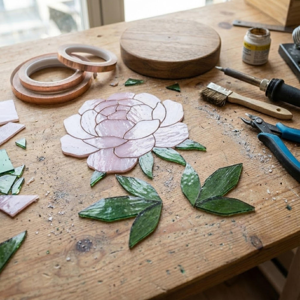 Stained Glass Peony Flower, 3D Standing Art on Wood Base, Forever Floral Gift for Mom, Glass Anniversary, Cottagecore Decor, Valentine Gift