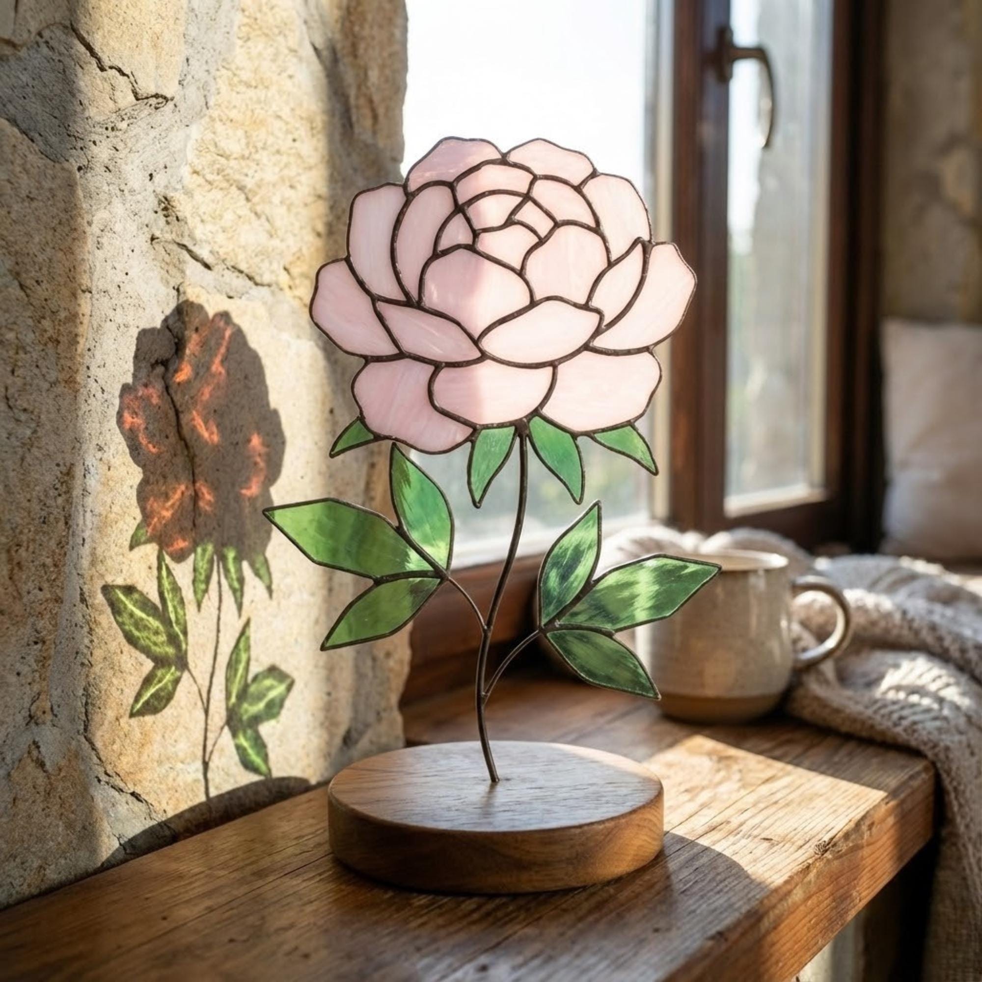 Stained Glass Peony Flower, 3D Standing Art on Wood Base, Forever Floral Gift for Mom, Glass Anniversary, Cottagecore Decor, Valentine Gift
