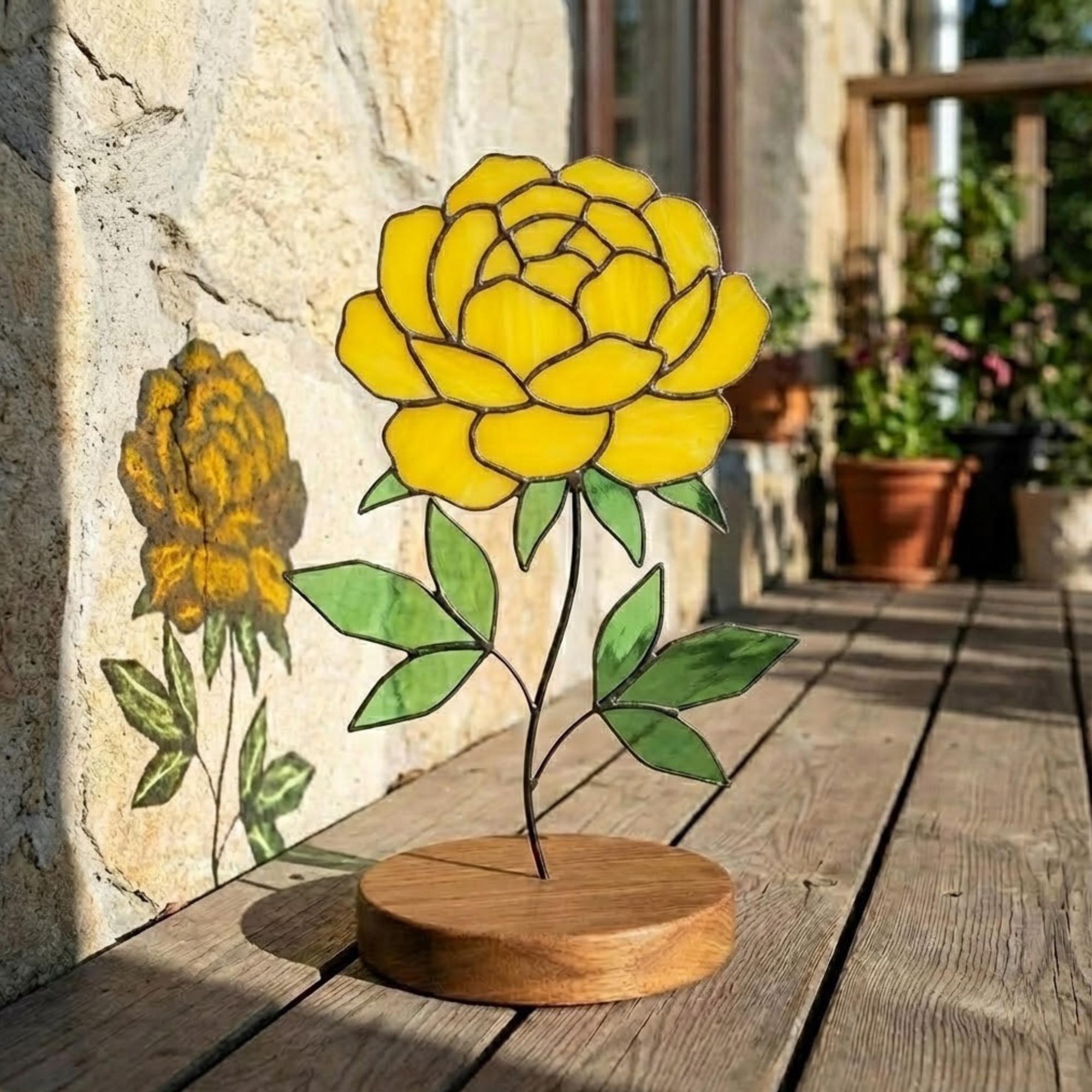 Stained Glass Peony Flower, 3D Standing Art on Wood Base, Forever Floral Gift for Mom, Glass Anniversary, Cottagecore Decor, Valentine Gift