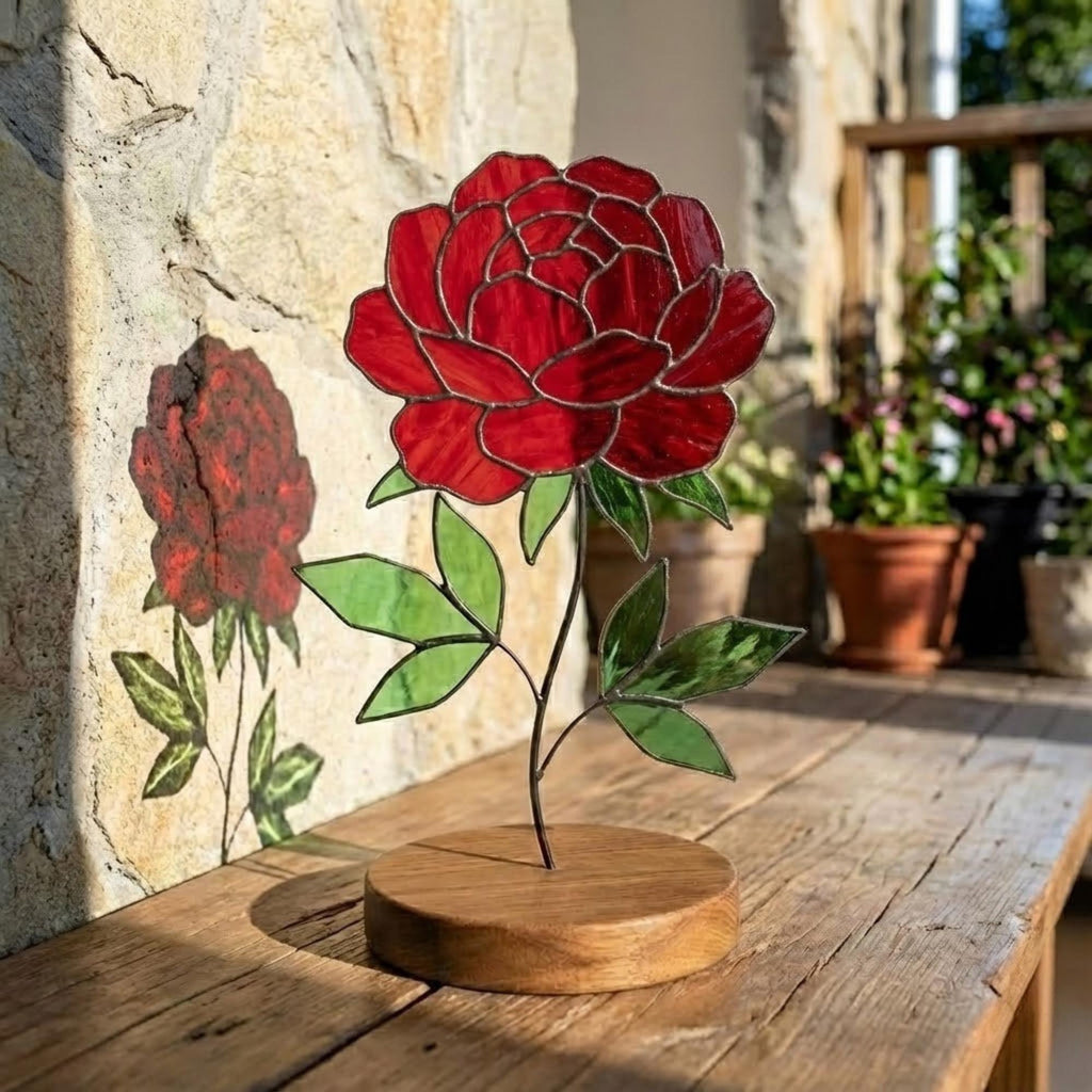 Stained Glass Peony Flower, 3D Standing Art on Wood Base, Forever Floral Gift for Mom, Glass Anniversary, Cottagecore Decor, Valentine Gift