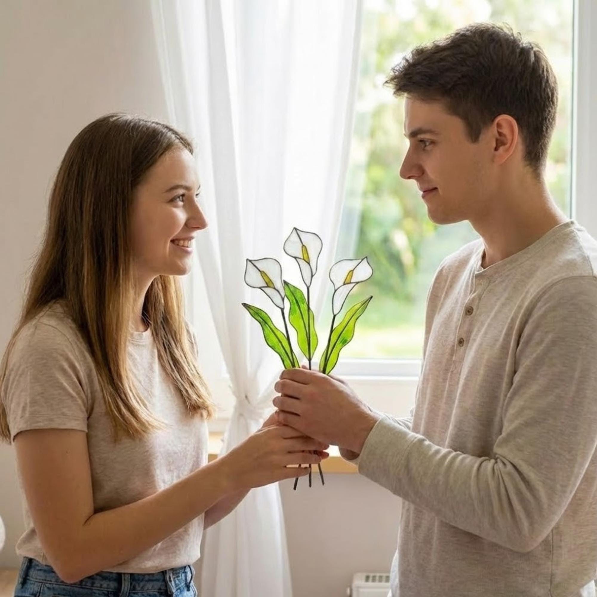 White stained glass calla lily bouquet 3D flower stems in vase casting shadows elegant wedding anniversary gift handmade art by LuzyGlassArt.