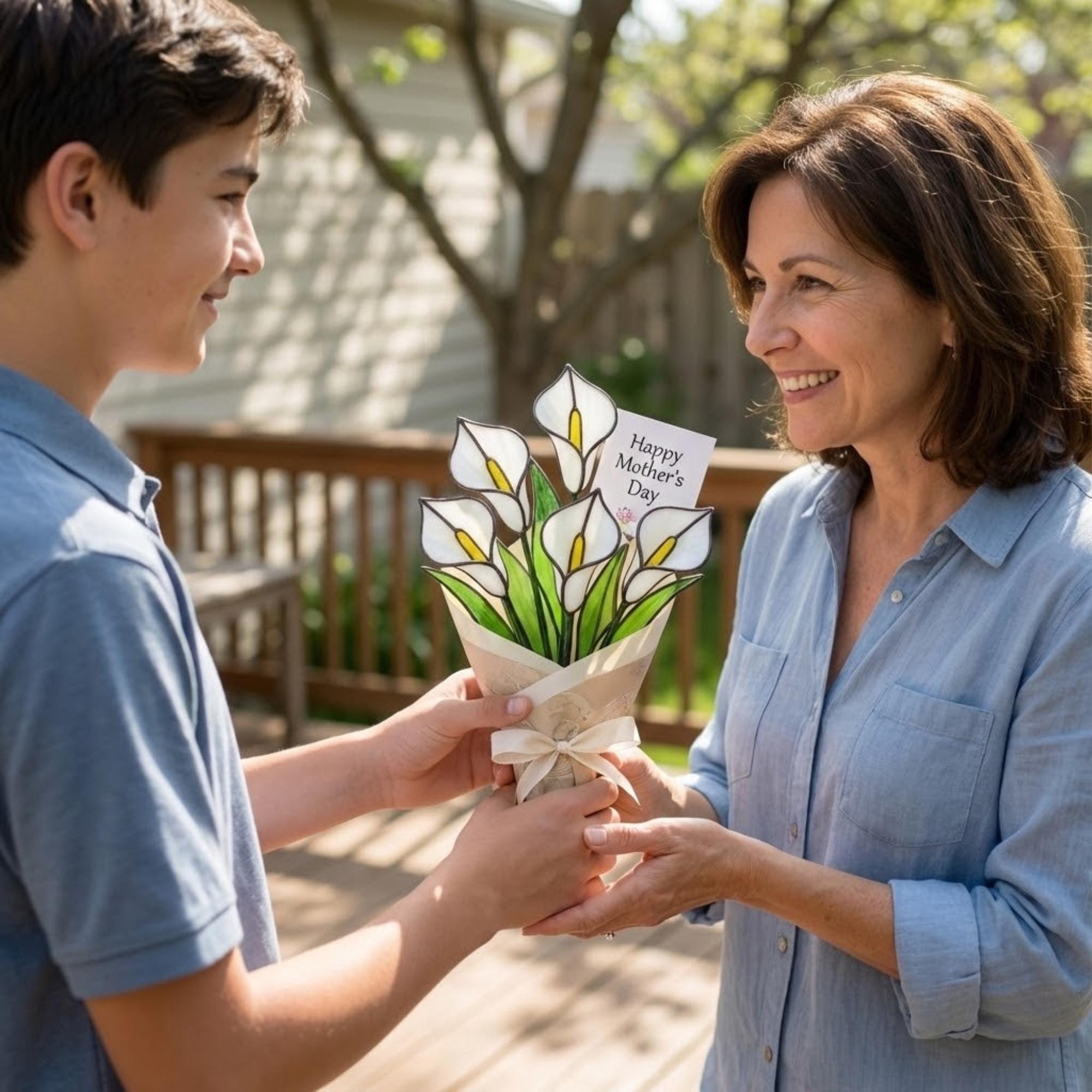 White stained glass calla lily bouquet 3D flower stems in vase casting shadows elegant wedding anniversary gift handmade art by LuzyGlassArt.