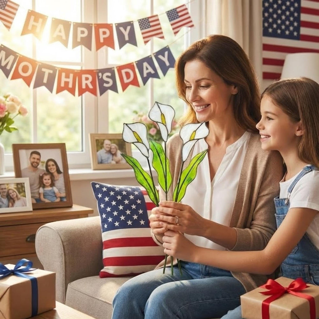 White stained glass calla lily bouquet 3D flower stems in vase casting shadows elegant wedding anniversary gift handmade art by LuzyGlassArt.