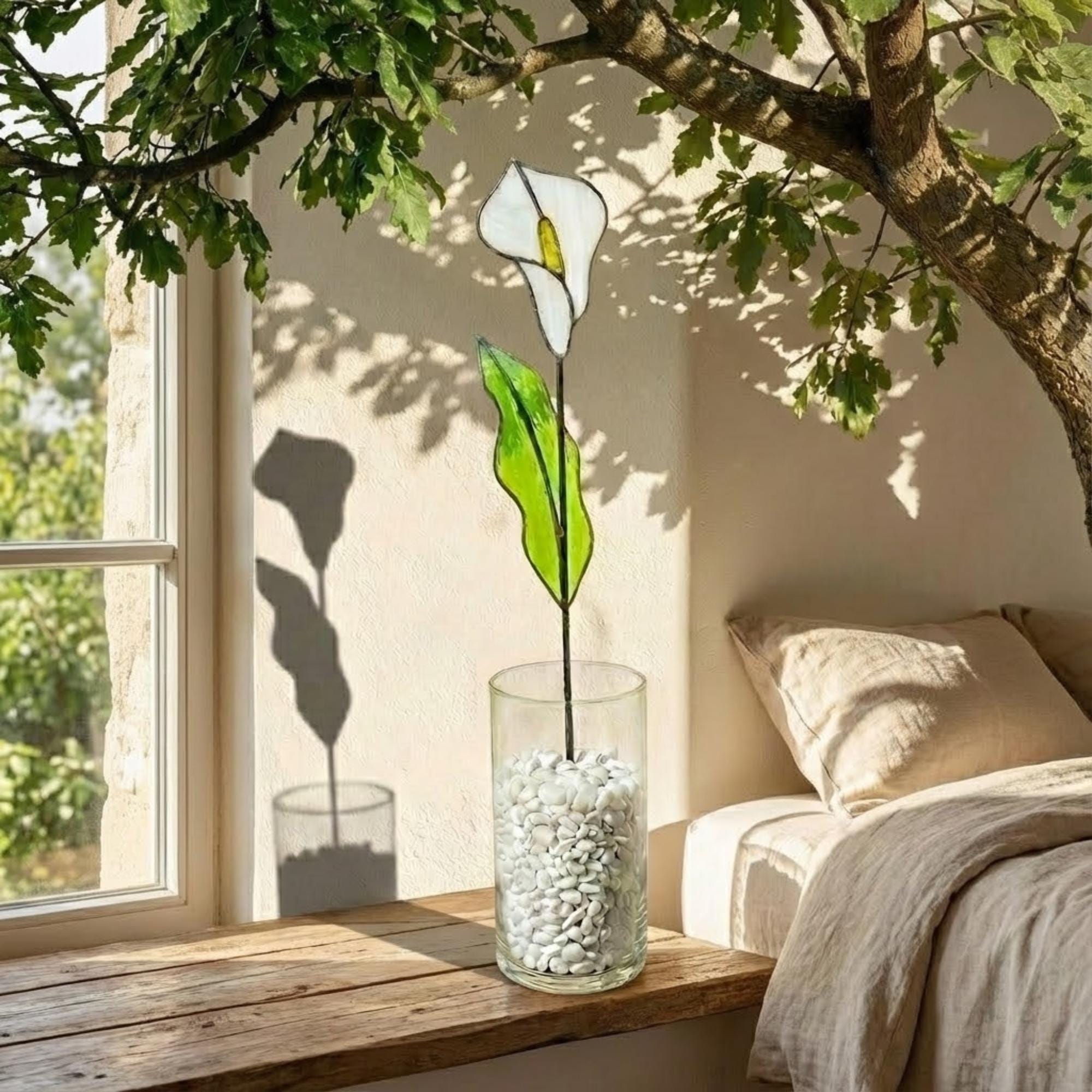 White stained glass calla lily bouquet 3D flower stems in vase casting shadows elegant wedding anniversary gift handmade art by LuzyGlassArt.