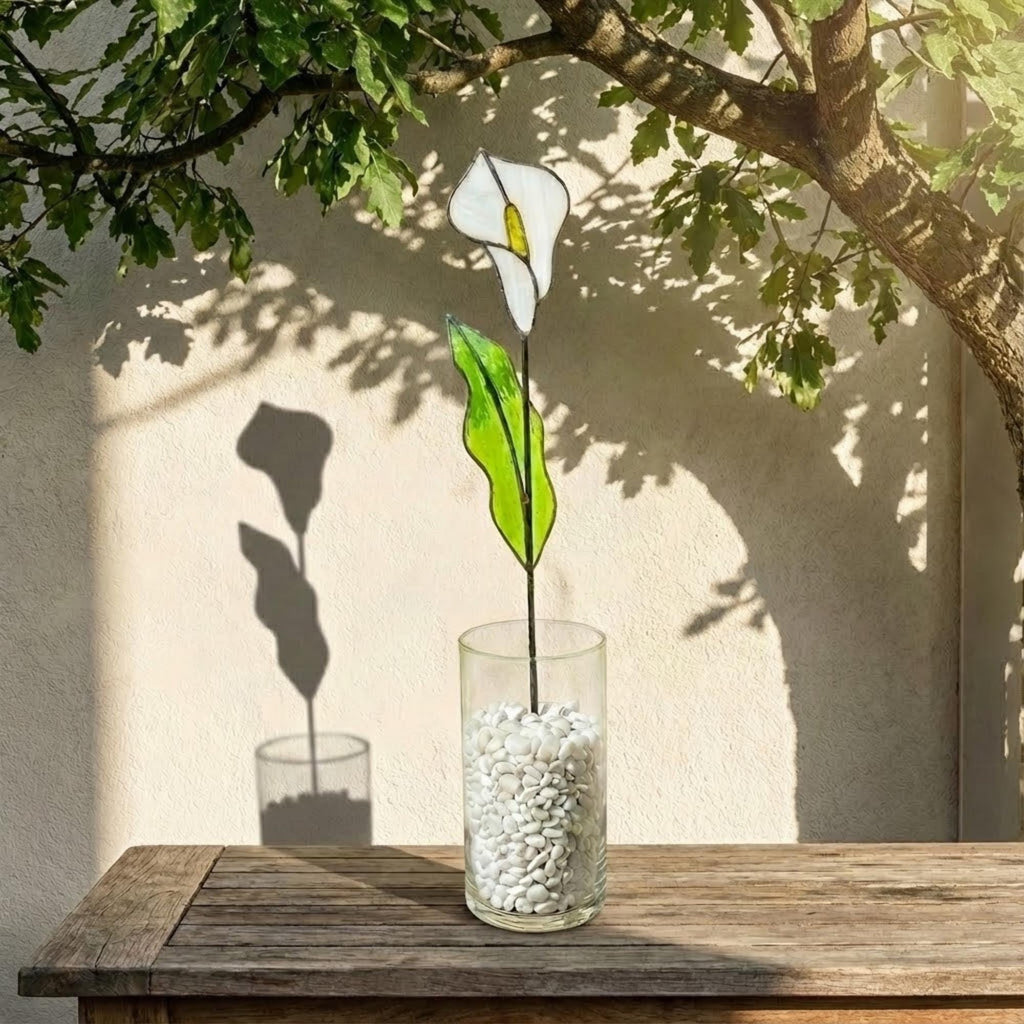 White stained glass calla lily bouquet 3D flower stems in vase casting shadows elegant wedding anniversary gift handmade art by LuzyGlassArt.