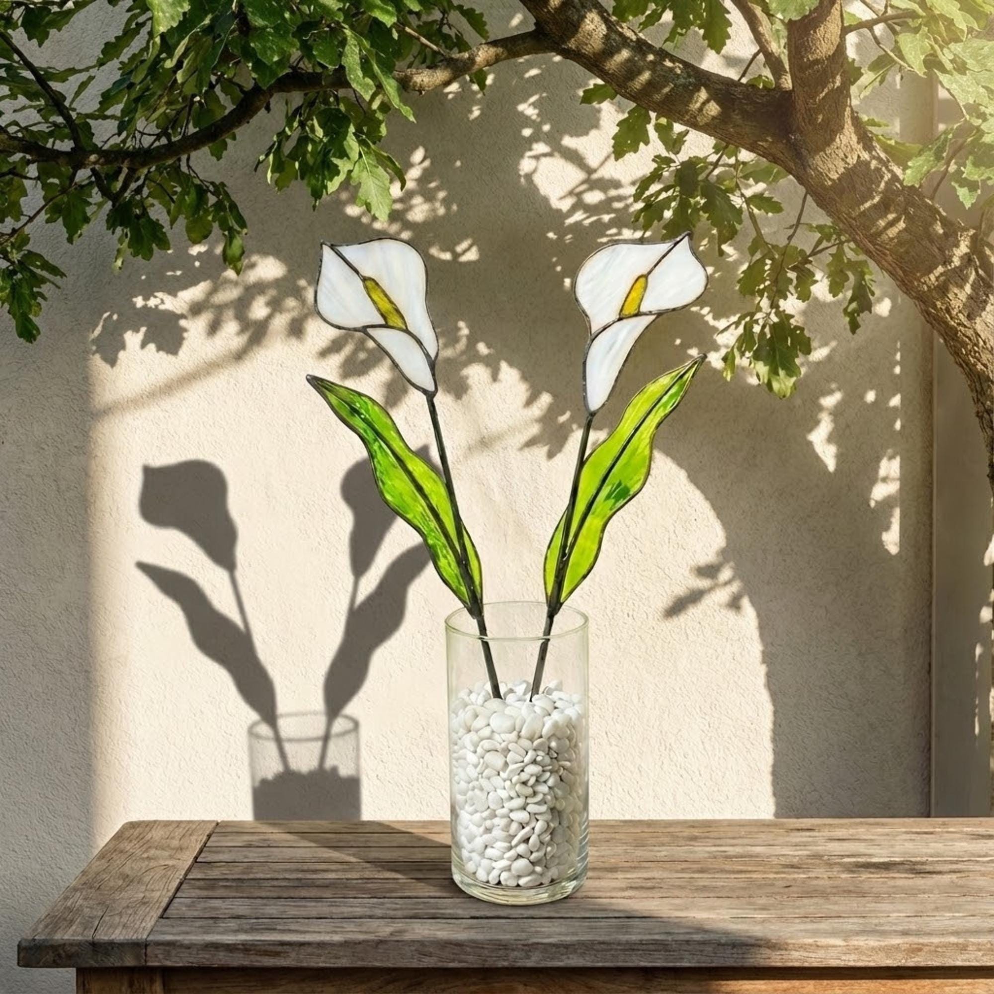 White stained glass calla lily bouquet 3D flower stems in vase casting shadows elegant wedding anniversary gift handmade art by LuzyGlassArt.