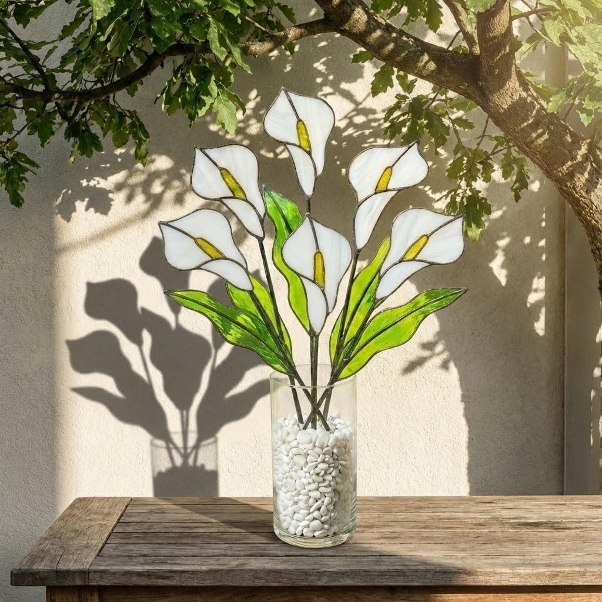 White stained glass calla lily bouquet 3D flower stems in vase casting shadows elegant wedding anniversary gift handmade art by LuzyGlassArt.