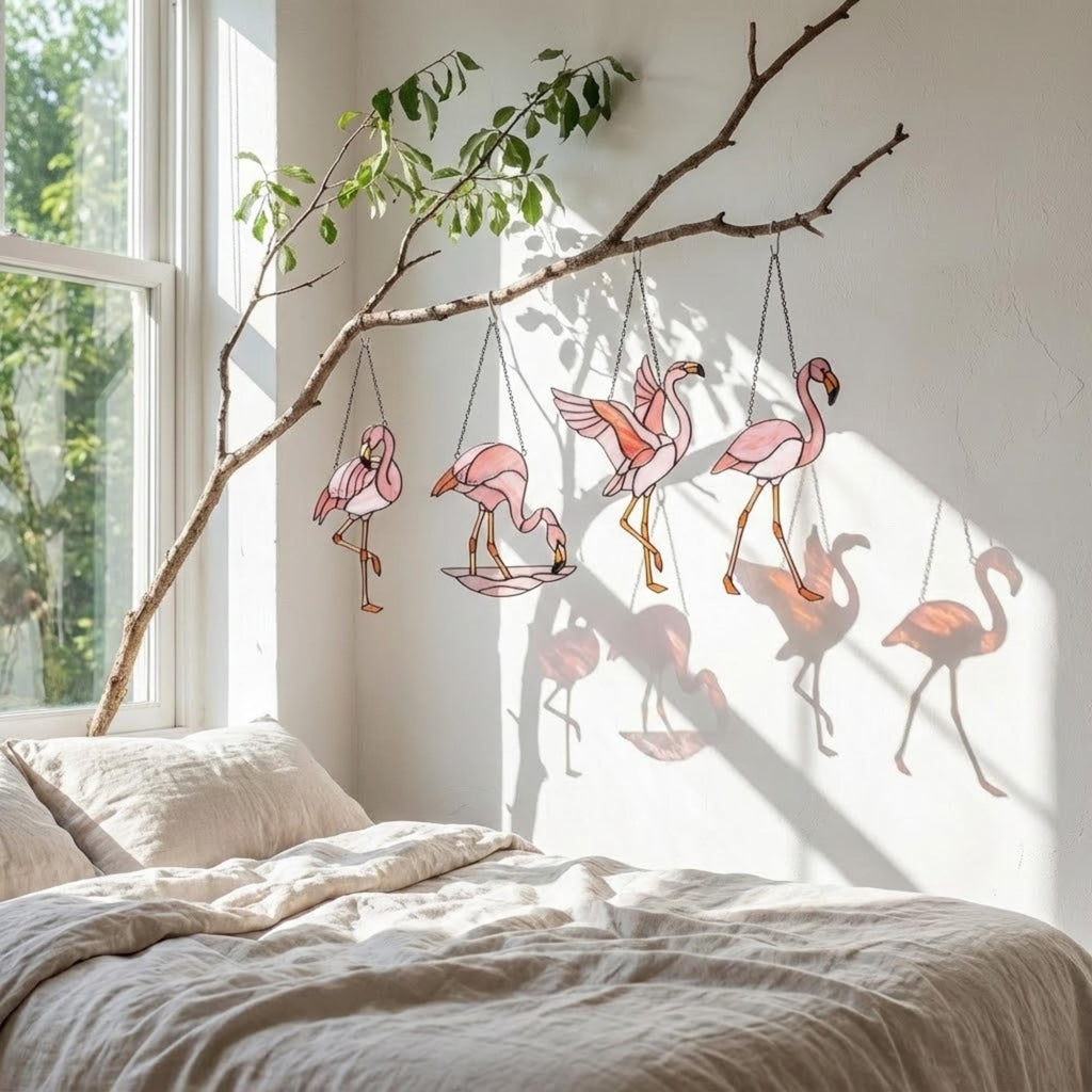 Pink stained glass flamingo suncatcher hanging in window casting vibrant colored shadows tropical beach house decor handmade gift for mom by LuzyGlassArt.