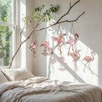Pink stained glass flamingo suncatcher hanging in window casting vibrant colored shadows tropical beach house decor handmade gift for mom by LuzyGlassArt.