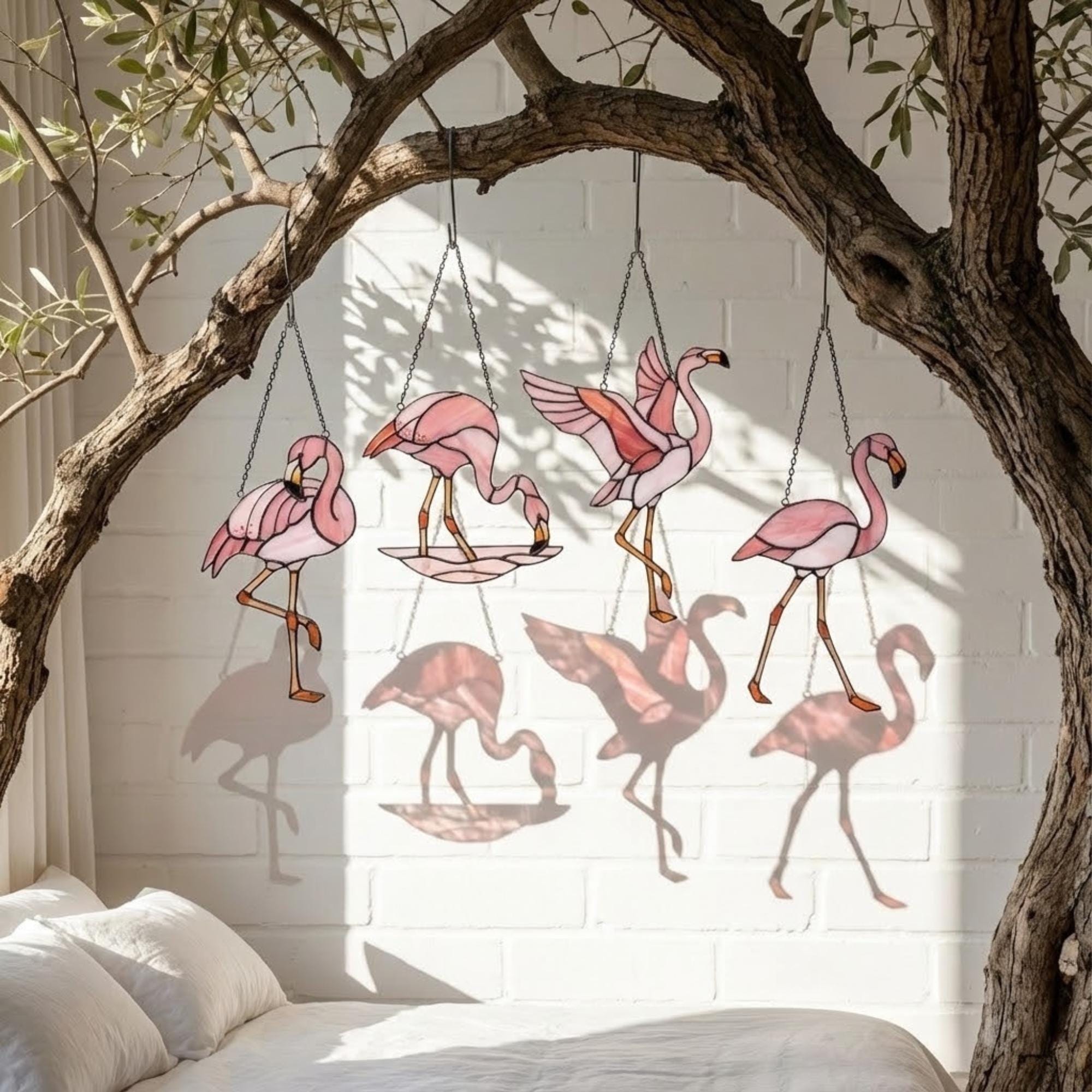 Pink stained glass flamingo suncatcher hanging in window casting vibrant colored shadows tropical beach house decor handmade gift for mom by LuzyGlassArt.