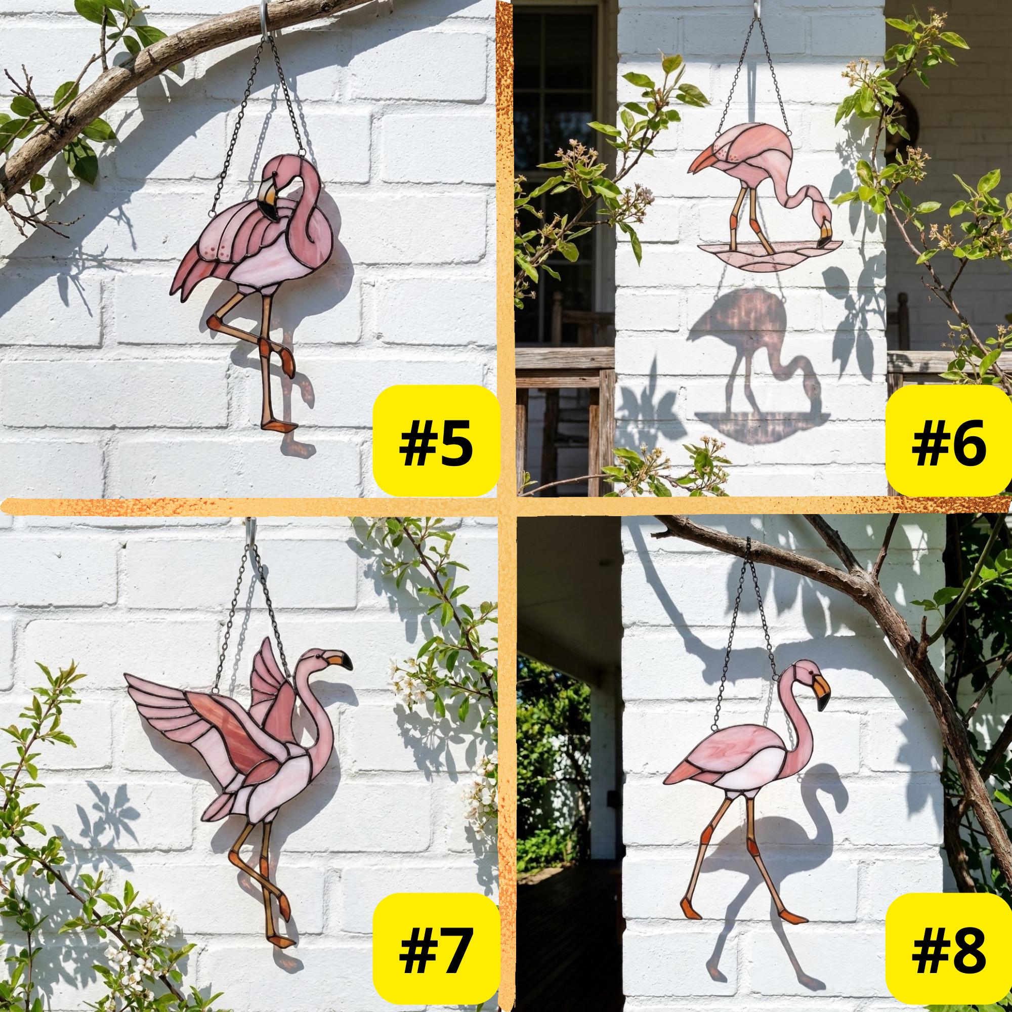 Pink stained glass flamingo suncatcher hanging in window casting vibrant colored shadows tropical beach house decor handmade gift for mom by LuzyGlassArt.