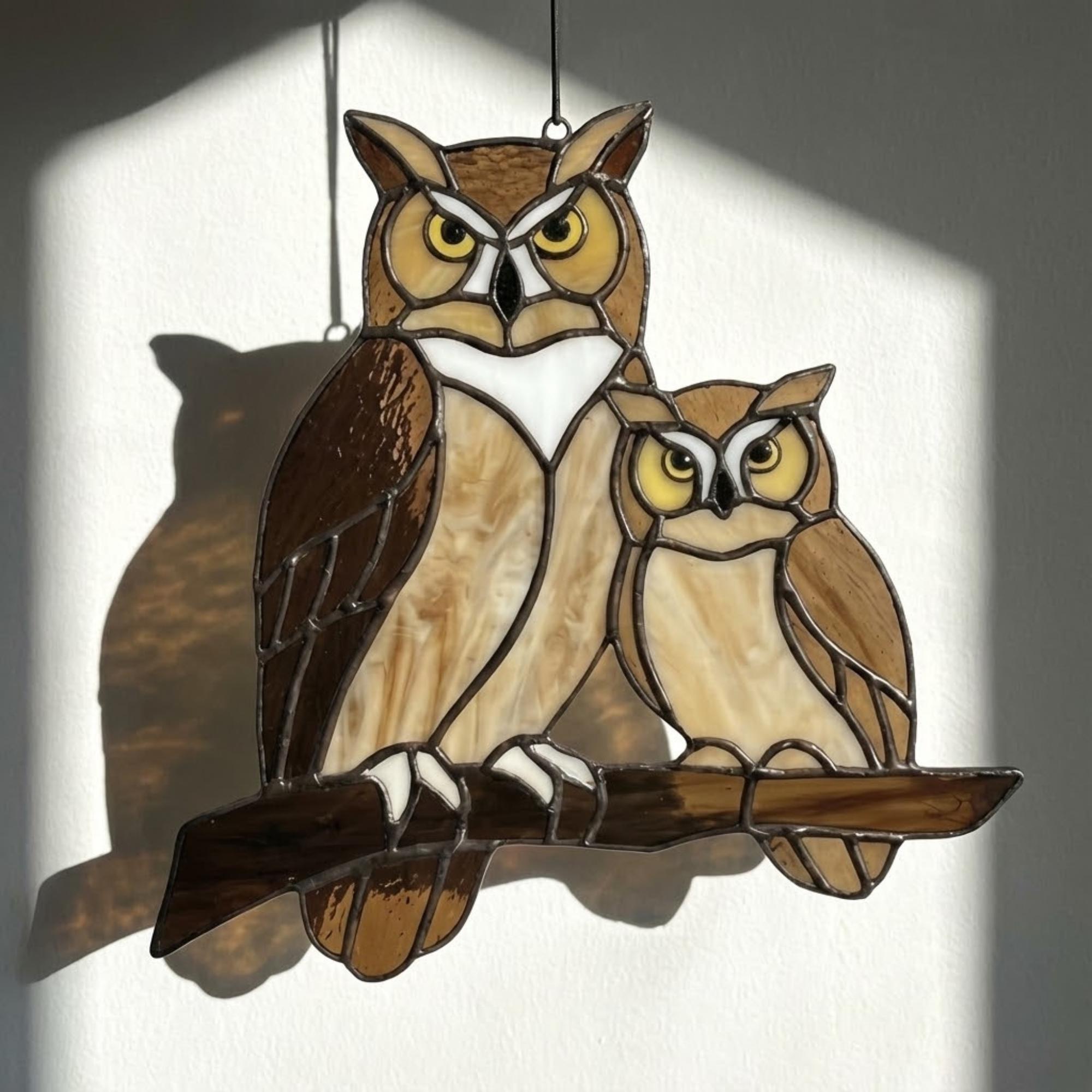 Handmade stained glass owl suncatcher in brown and beige tones, perched on a branch, casting warm amber shadows on a white wall, Tiffany style soldering detail.