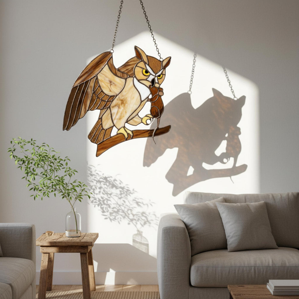 Handmade stained glass owl suncatcher in brown and beige tones, perched on a branch, casting warm amber shadows on a white wall, Tiffany style soldering detail.