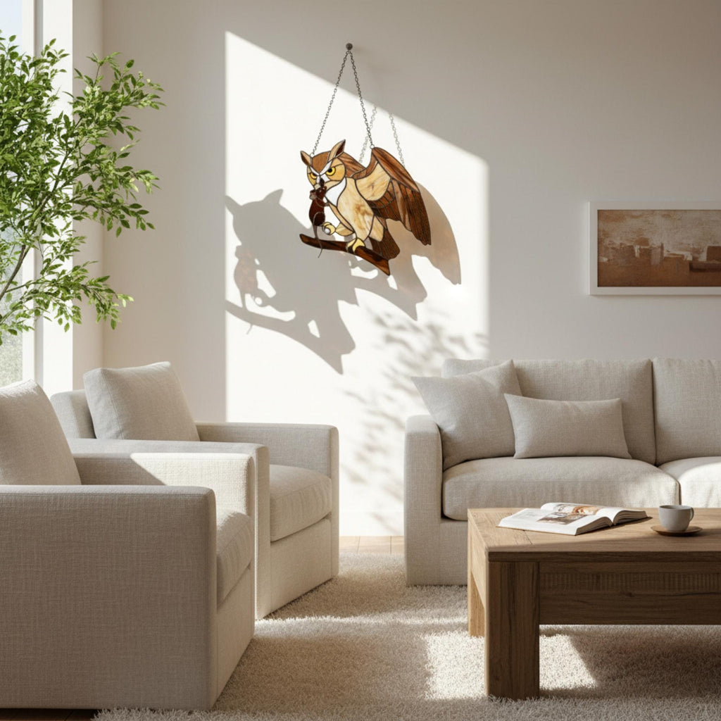 Handmade stained glass owl suncatcher in brown and beige tones, perched on a branch, casting warm amber shadows on a white wall, Tiffany style soldering detail.