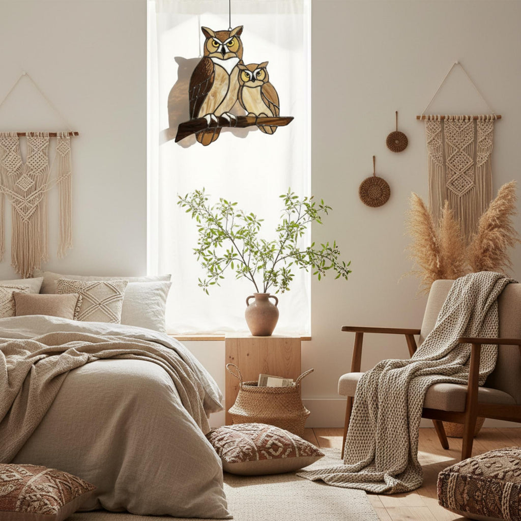 Handmade stained glass owl suncatcher in brown and beige tones, perched on a branch, casting warm amber shadows on a white wall, Tiffany style soldering detail.