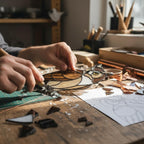 Handmade stained glass owl suncatcher in brown and beige tones, perched on a branch, casting warm amber shadows on a white wall, Tiffany style soldering detail.