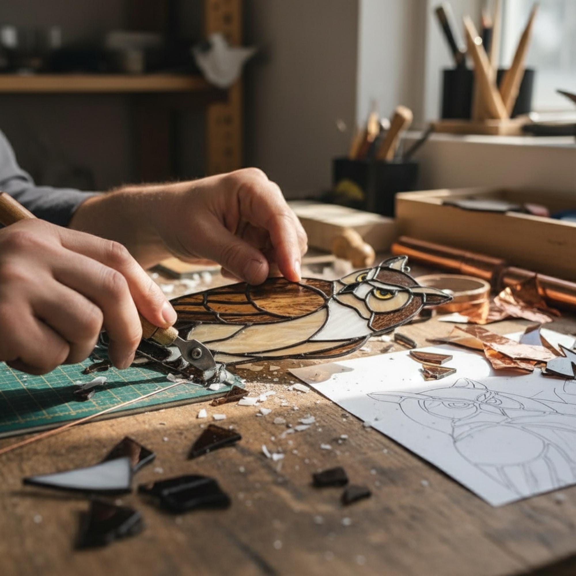 Handmade stained glass owl suncatcher in brown and beige tones, perched on a branch, casting warm amber shadows on a white wall, Tiffany style soldering detail.