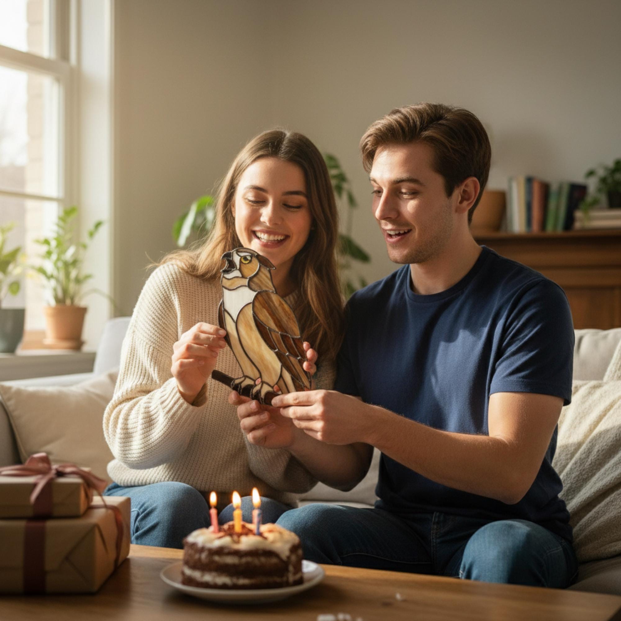Handmade stained glass owl suncatcher in brown and beige tones, perched on a branch, casting warm amber shadows on a white wall, Tiffany style soldering detail.