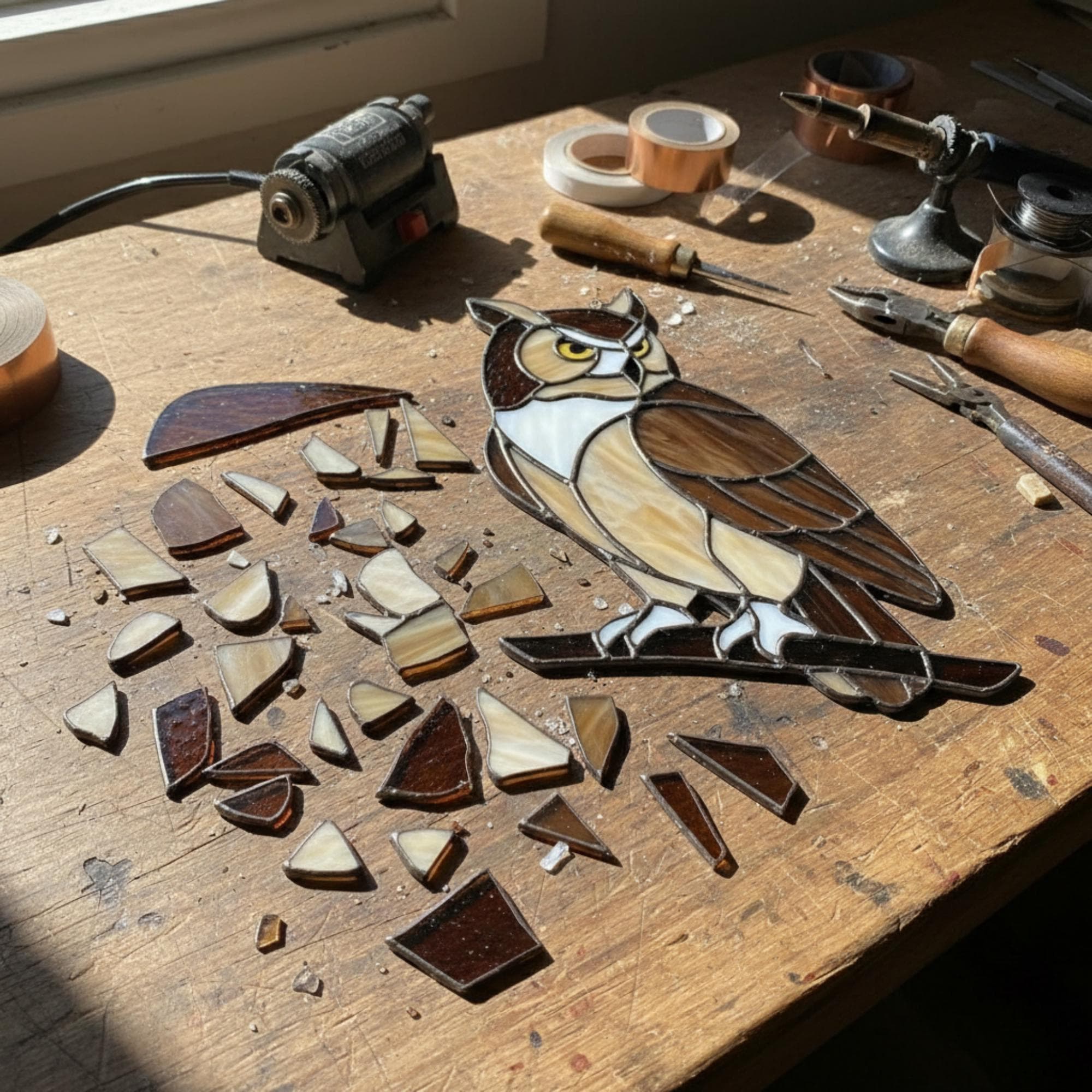 Handmade stained glass owl suncatcher in brown and beige tones, perched on a branch, casting warm amber shadows on a white wall, Tiffany style soldering detail.
