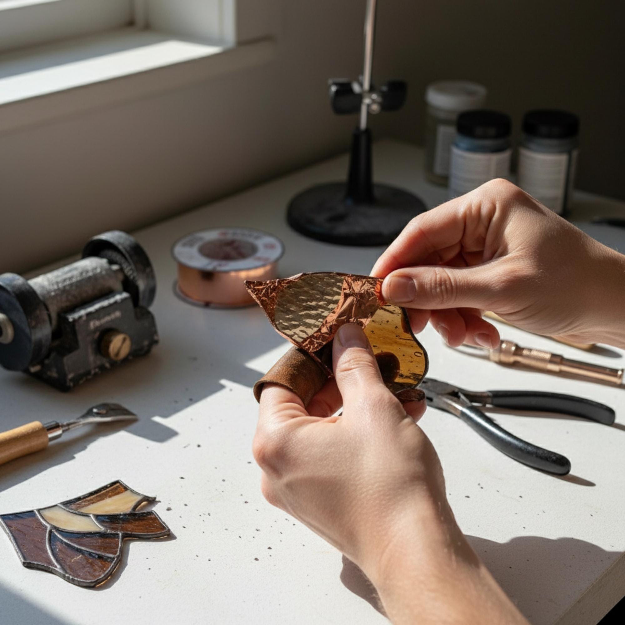 Handmade stained glass owl suncatcher in brown and beige tones, perched on a branch, casting warm amber shadows on a white wall, Tiffany style soldering detail.