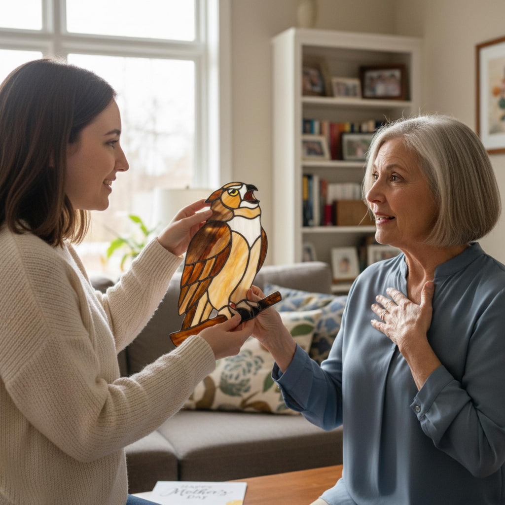 Handmade stained glass owl suncatcher in brown and beige tones, perched on a branch, casting warm amber shadows on a white wall, Tiffany style soldering detail.