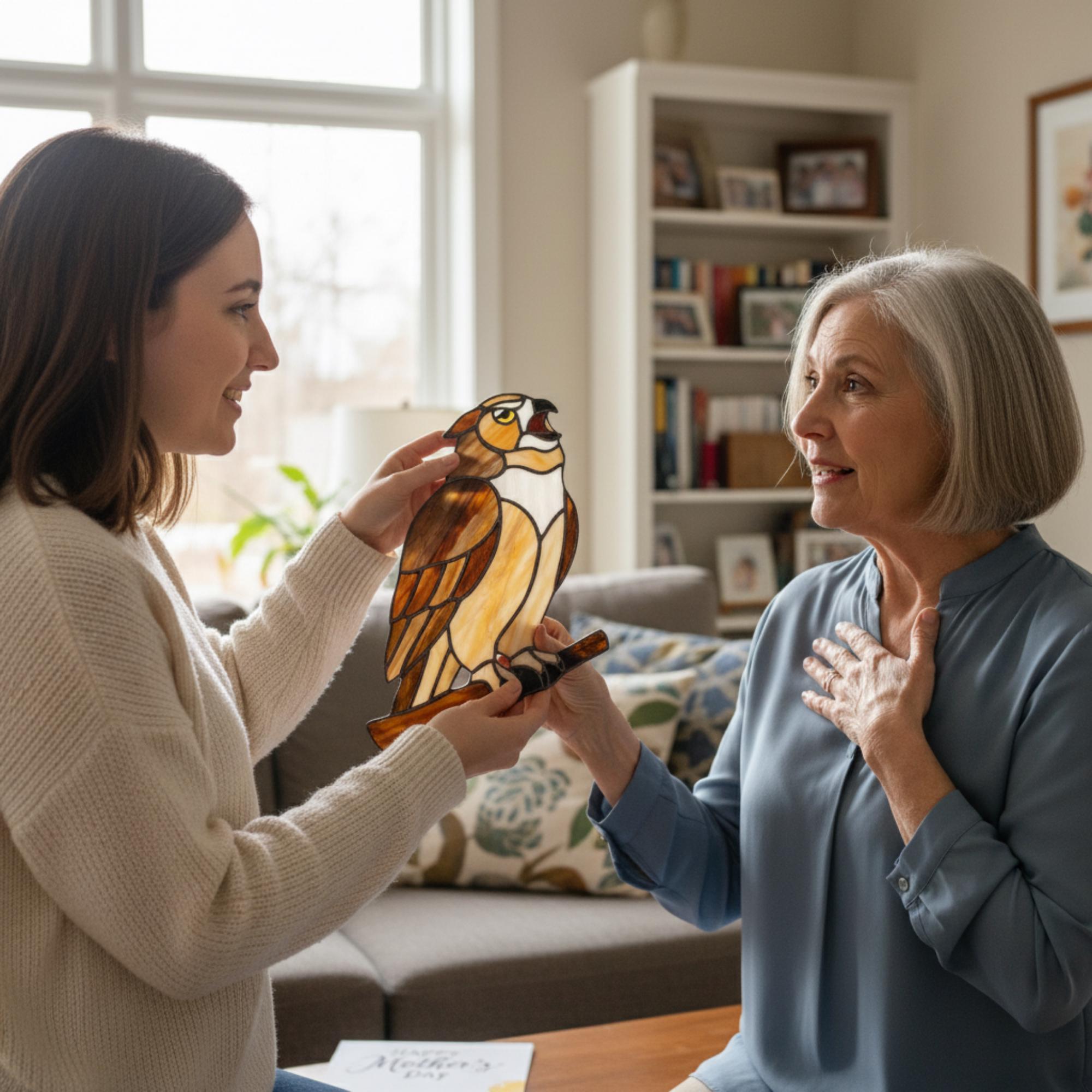 Handmade stained glass owl suncatcher in brown and beige tones, perched on a branch, casting warm amber shadows on a white wall, Tiffany style soldering detail.