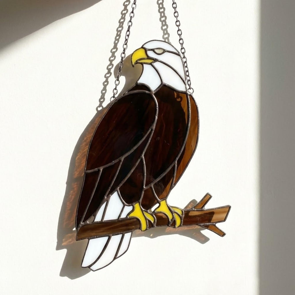 Handmade stained glass bald eagle suncatcher, realistic bird window hanging with brown and white glass, patriotic gift for dad or veteran, creating colored shadows.