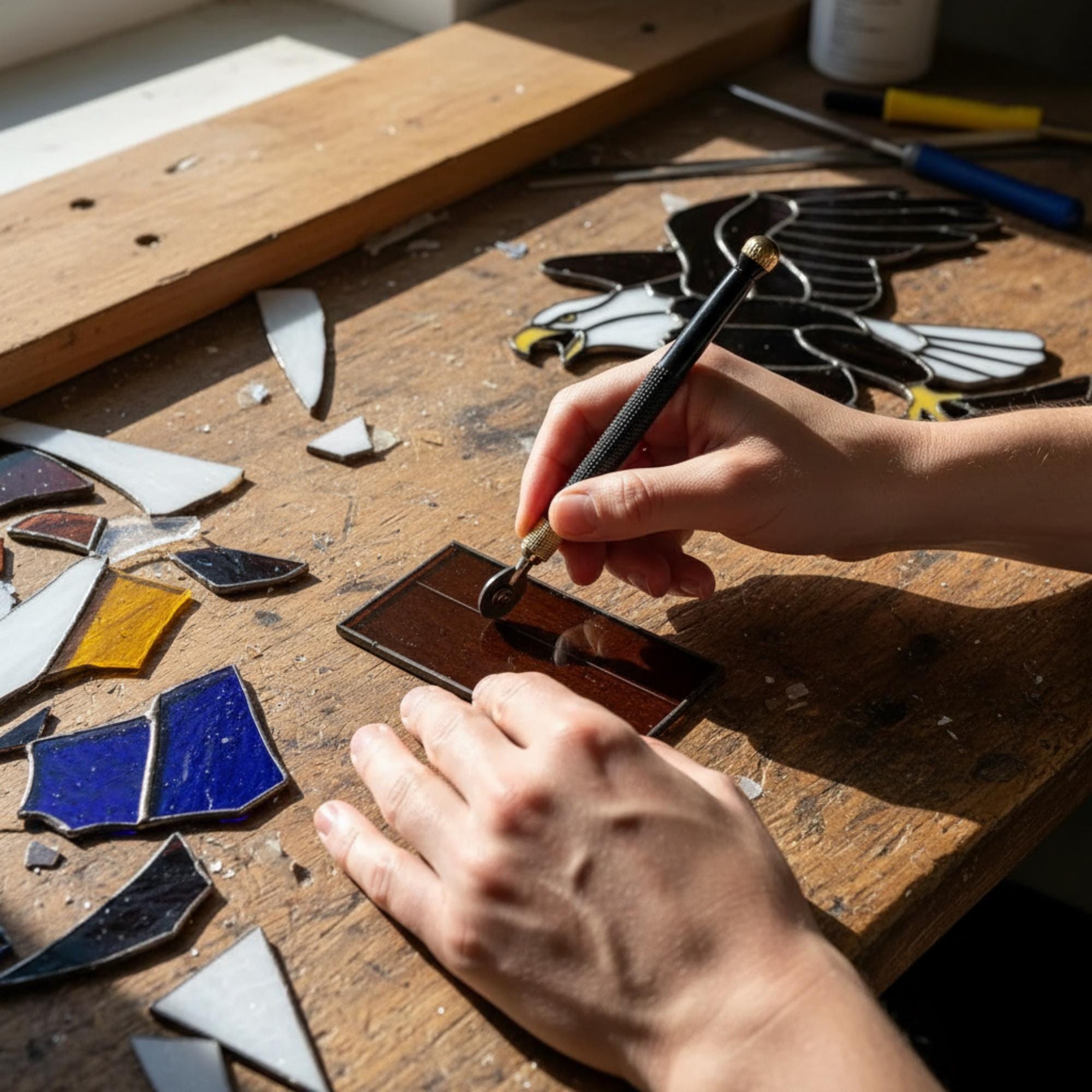 Handmade stained glass bald eagle suncatcher, realistic bird window hanging with brown and white glass, patriotic gift for dad or veteran, creating colored shadows.