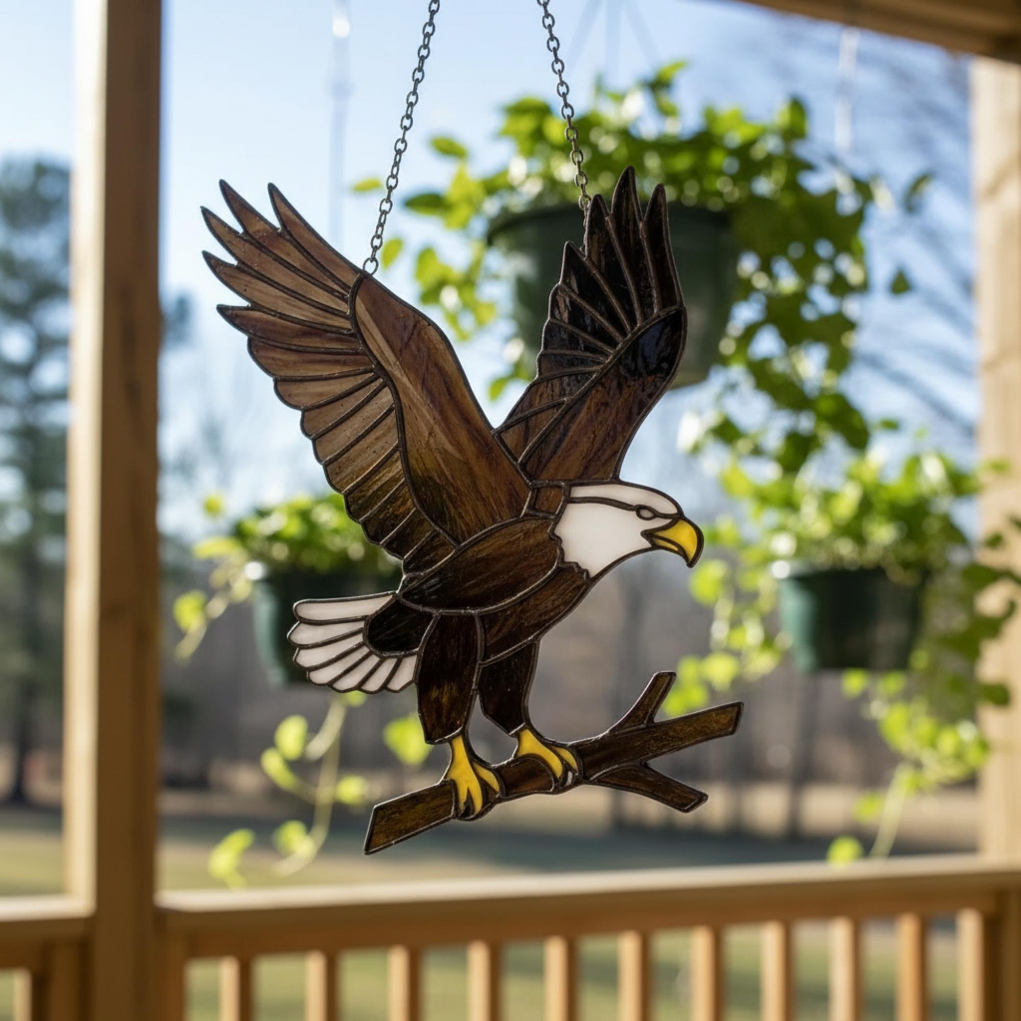 Handmade stained glass bald eagle suncatcher, realistic bird window hanging with brown and white glass, patriotic gift for dad or veteran, creating colored shadows.